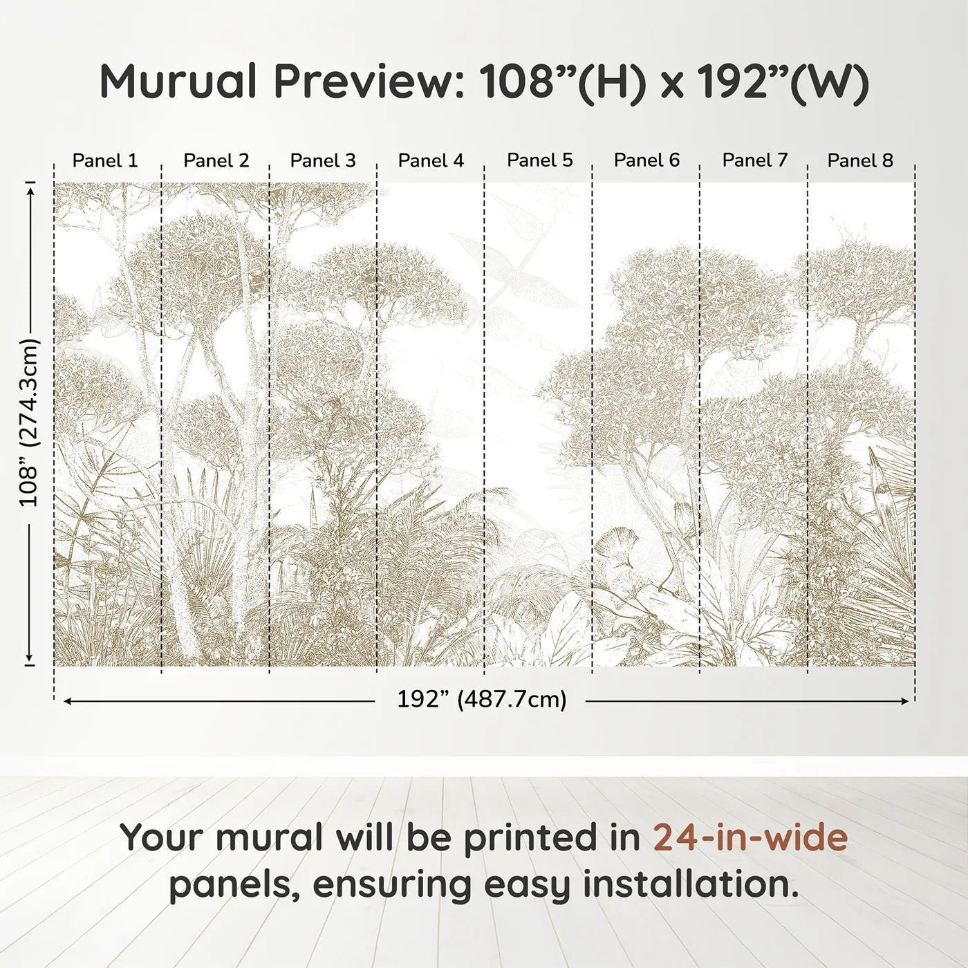 Whimsy Tots Golden Botanical Line Art Wall Muraldimension view (108" H x 192" W). Printed in eight 24-inch-wide panels. Gender-Neutral