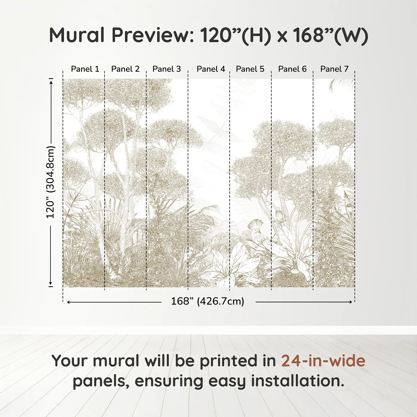 Whimsy Tots Golden Botanical Line Art Wall Muraldimension view (120" H x 168" W). Printed in seven 24-inch-wide panels. Gender-Neutral