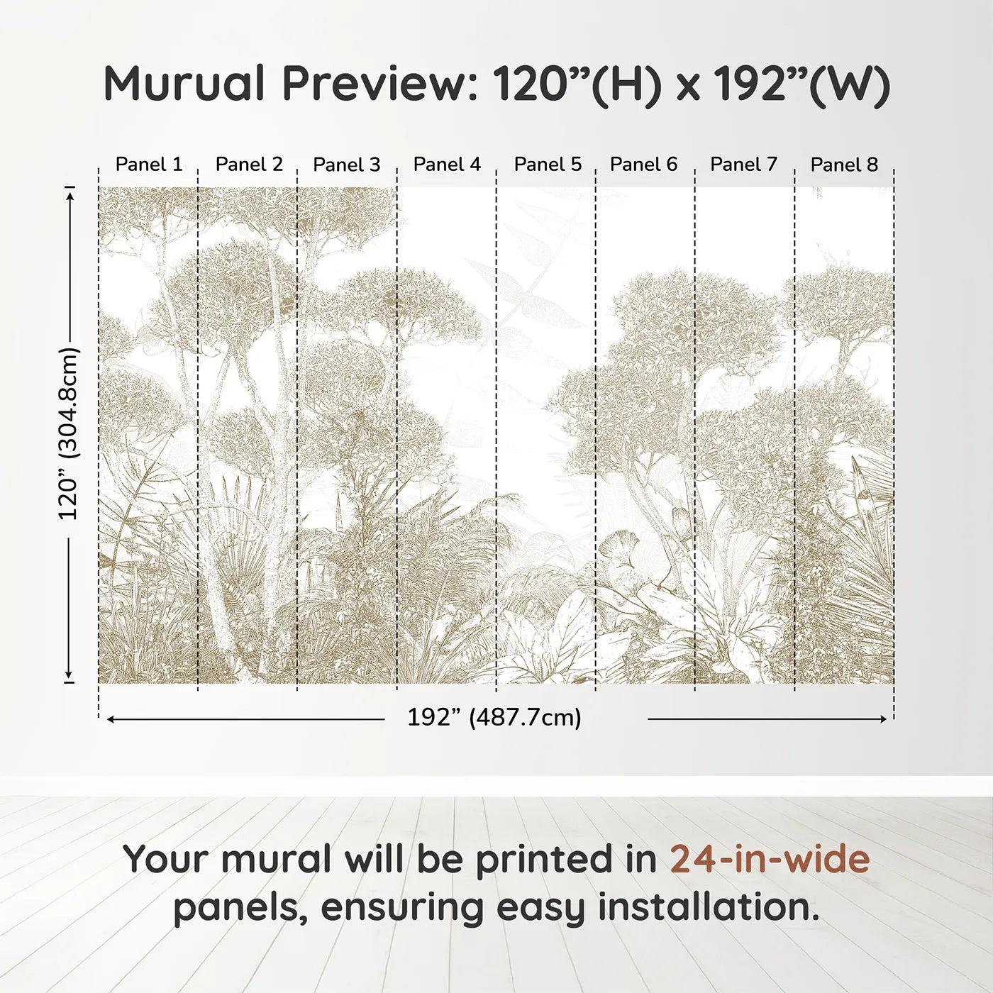 Whimsy Tots Golden Botanical Line Art Wall Muraldimension view (120" H x 192" W). Printed in eight 24-inch-wide panels. Gender-Neutral