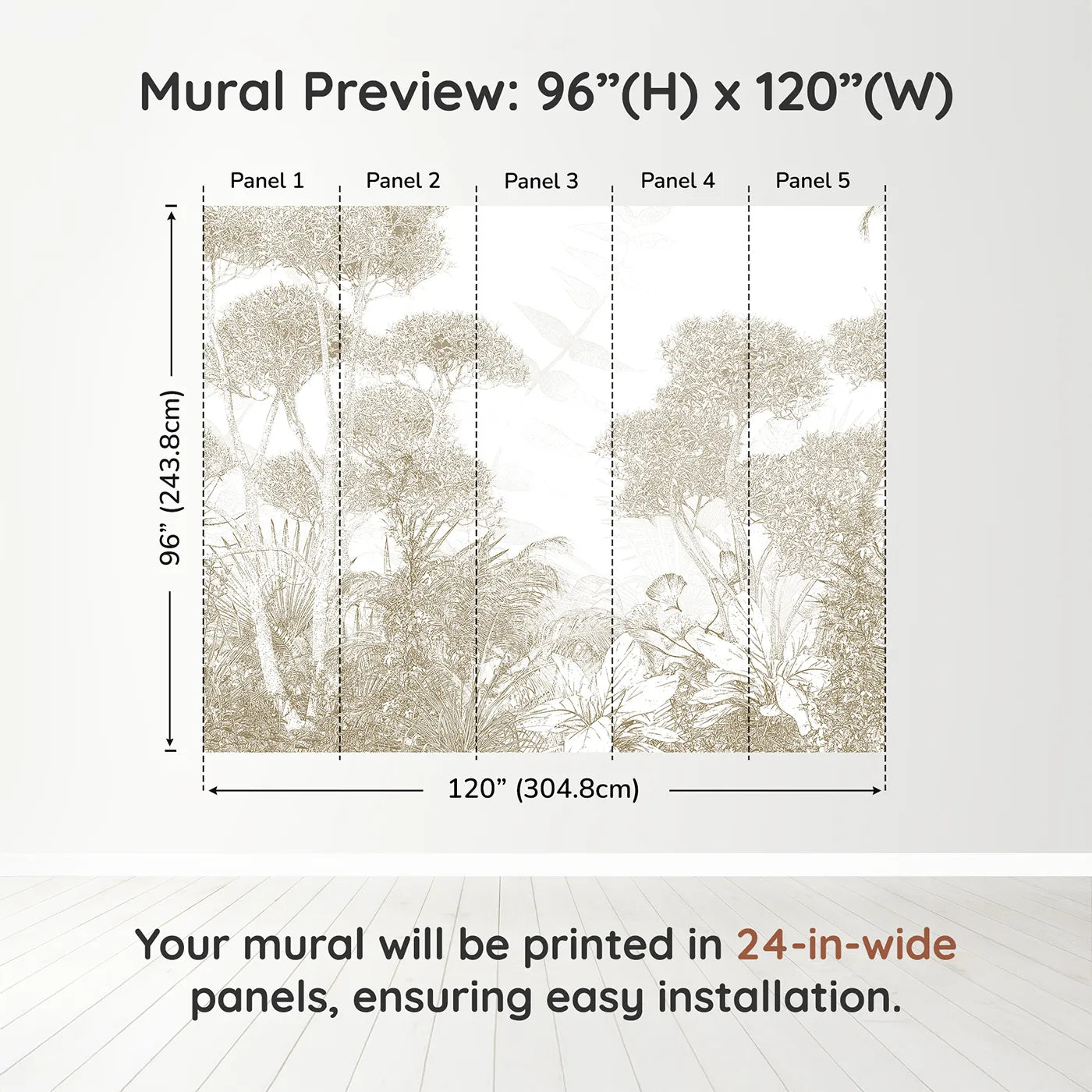 Whimsy Tots Golden Botanical Line Art Wall Muraldimension view (96" H x 120" W). Printed in five 24-inch-wide panels. Gender-Neutral