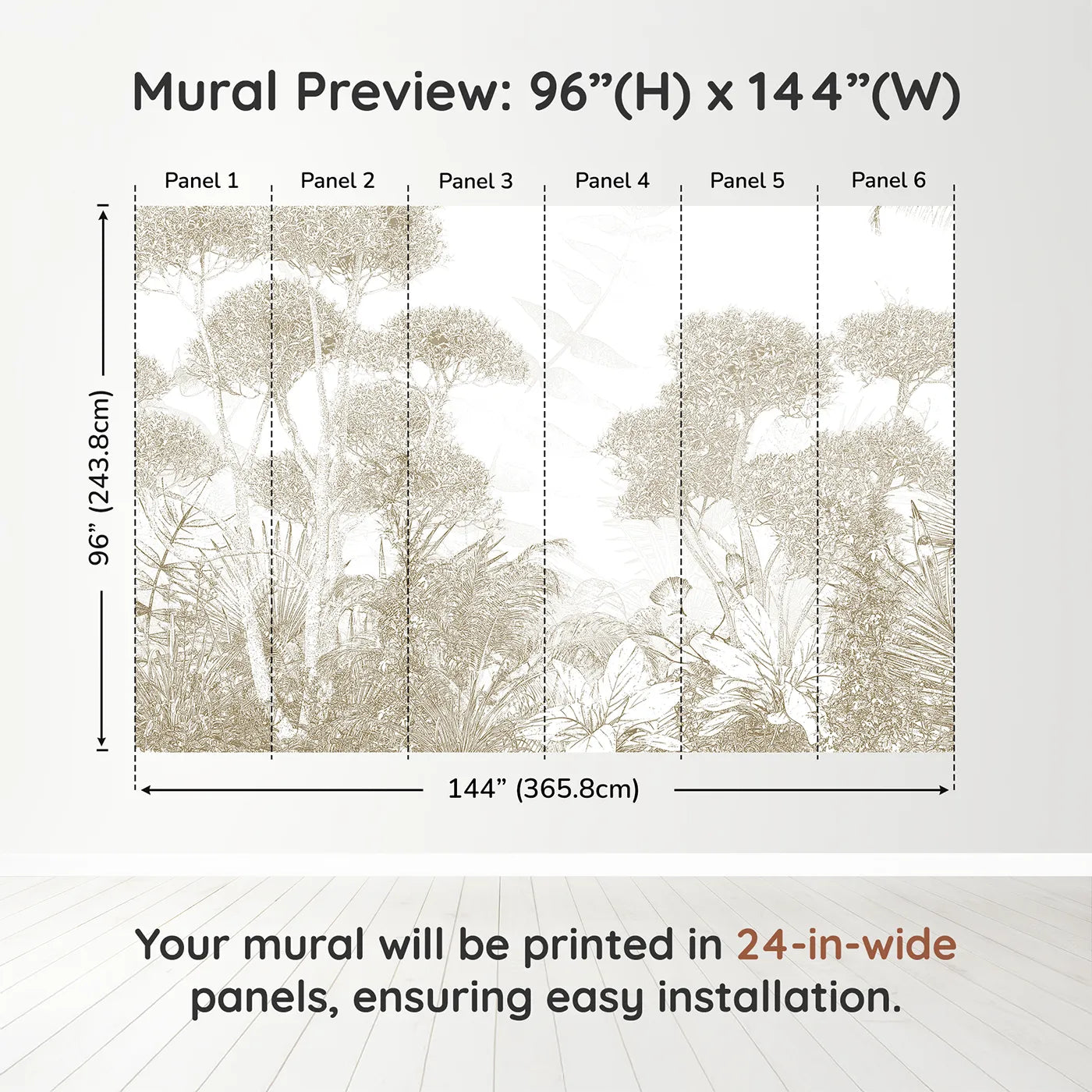 Whimsy Tots Golden Botanical Line Art Wall Muraldimension view (96" H x 144" W). Printed in six 24-inch-wide panels. Gender-Neutral