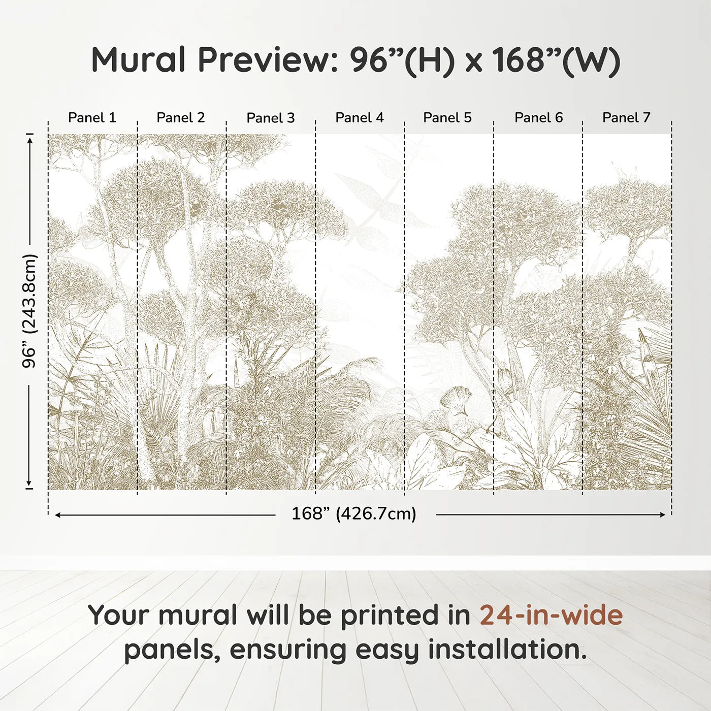 Whimsy Tots Golden Botanical Line Art Wall Muraldimension view (96" H x 168" W). Printed in seven 24-inch-wide panels. Gender-Neutral