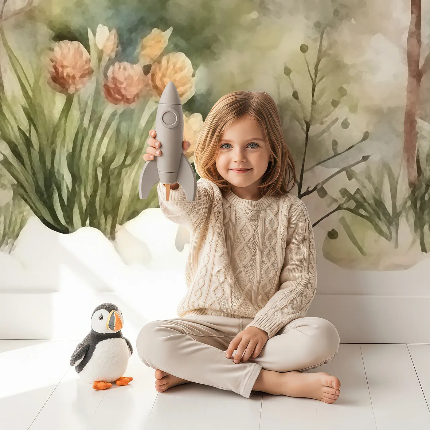 Child in front of Whimsy Tots Misty Pine Forest Border Wall Mural with forest, pine, tree, mist, watercolor, winter, snow, landscape in design.