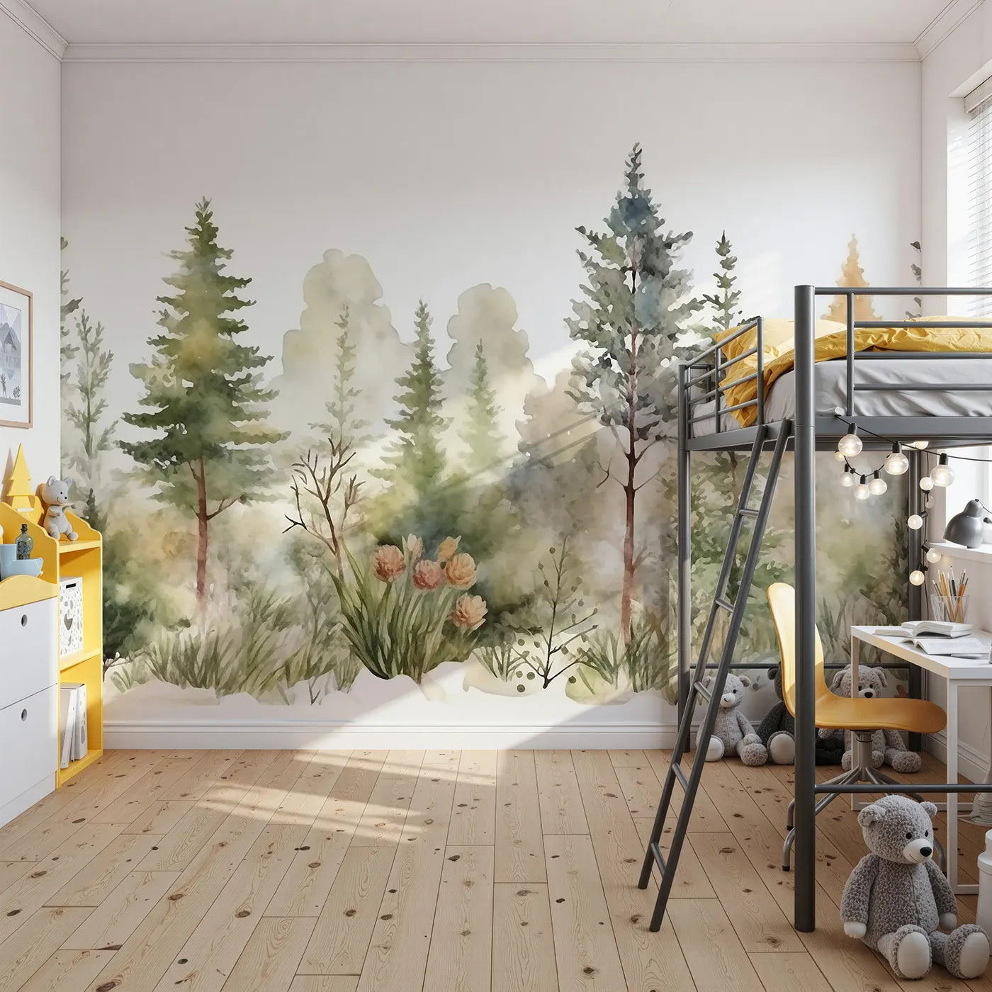 Front view of Whimsy Tots' Misty Pine Forest Border Wall Mural