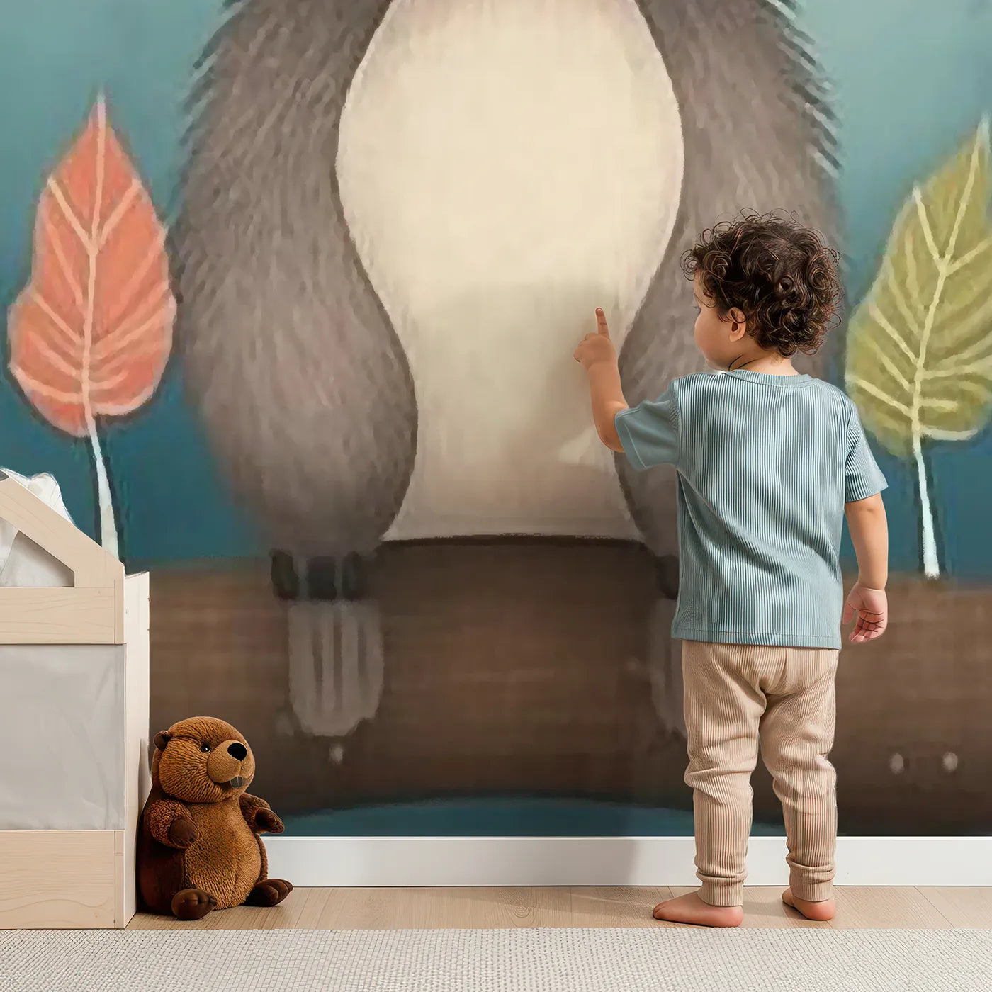 Child in front of Whimsy Tots Woodland Friends on a Branch Wall Mural with animal, woodland, cute, fox, bear, rabbit, forest, branch in design.