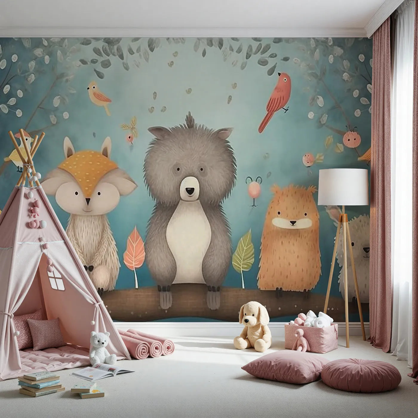 Front view of Whimsy Tots' Woodland Friends on a Branch Wall Mural