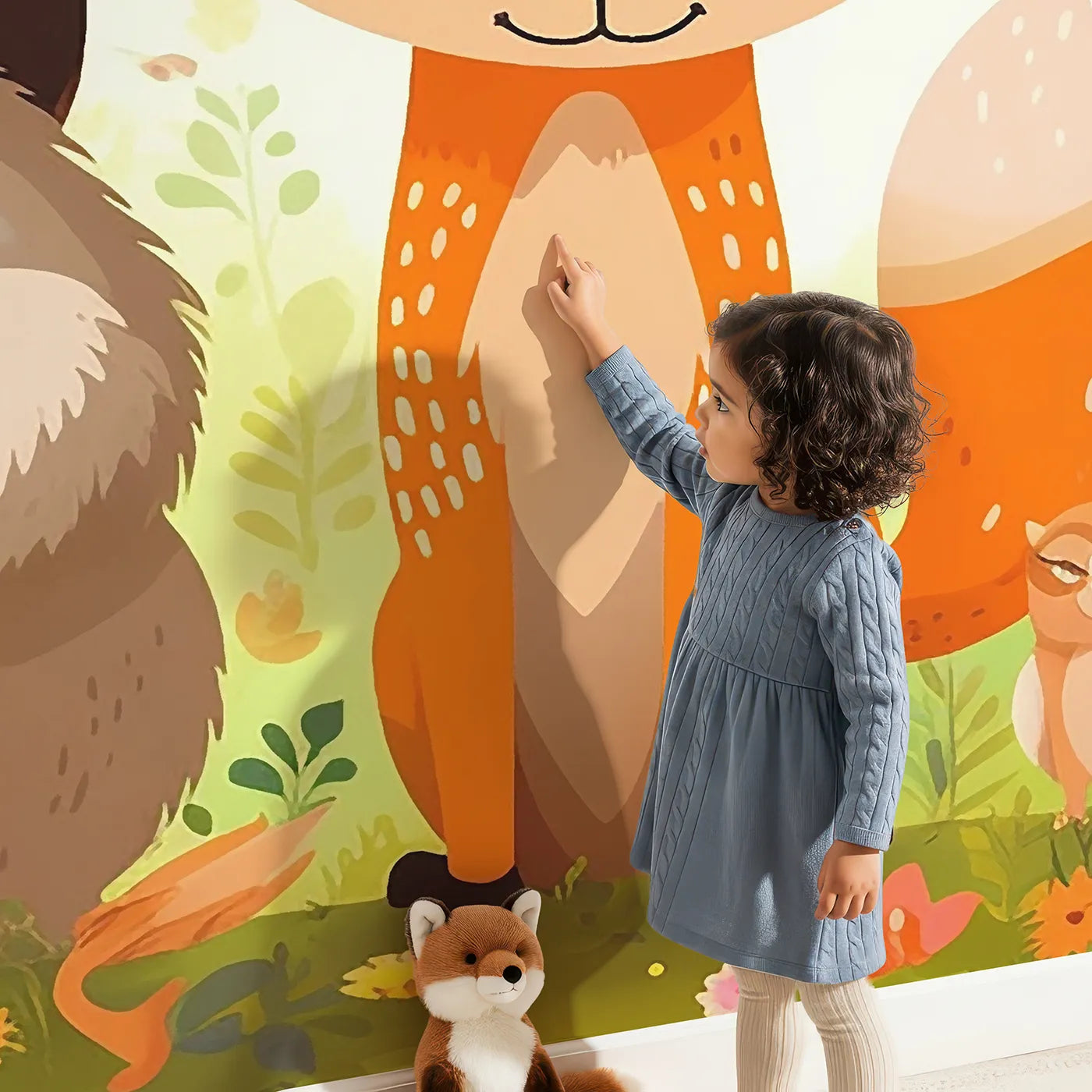Child in front of Whimsy Tots Happy Woodland Gathering Wall Mural with animal, woodland, cute, fox, bear, forest, colorful, cartoon in design.