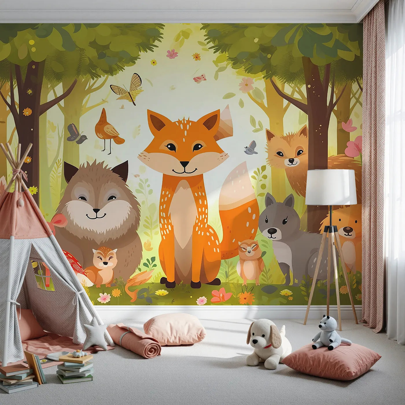 Front view of Whimsy Tots' Happy Woodland Gathering Wall Mural