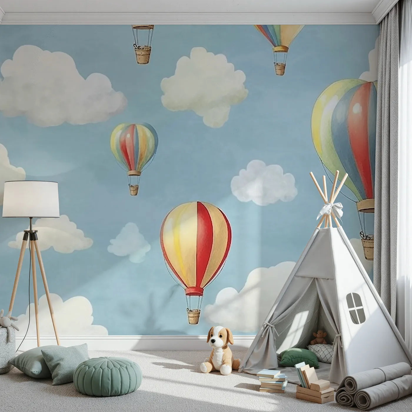 Front view of Whimsy Tots' Watercolor Hot Air Balloons Wall Mural