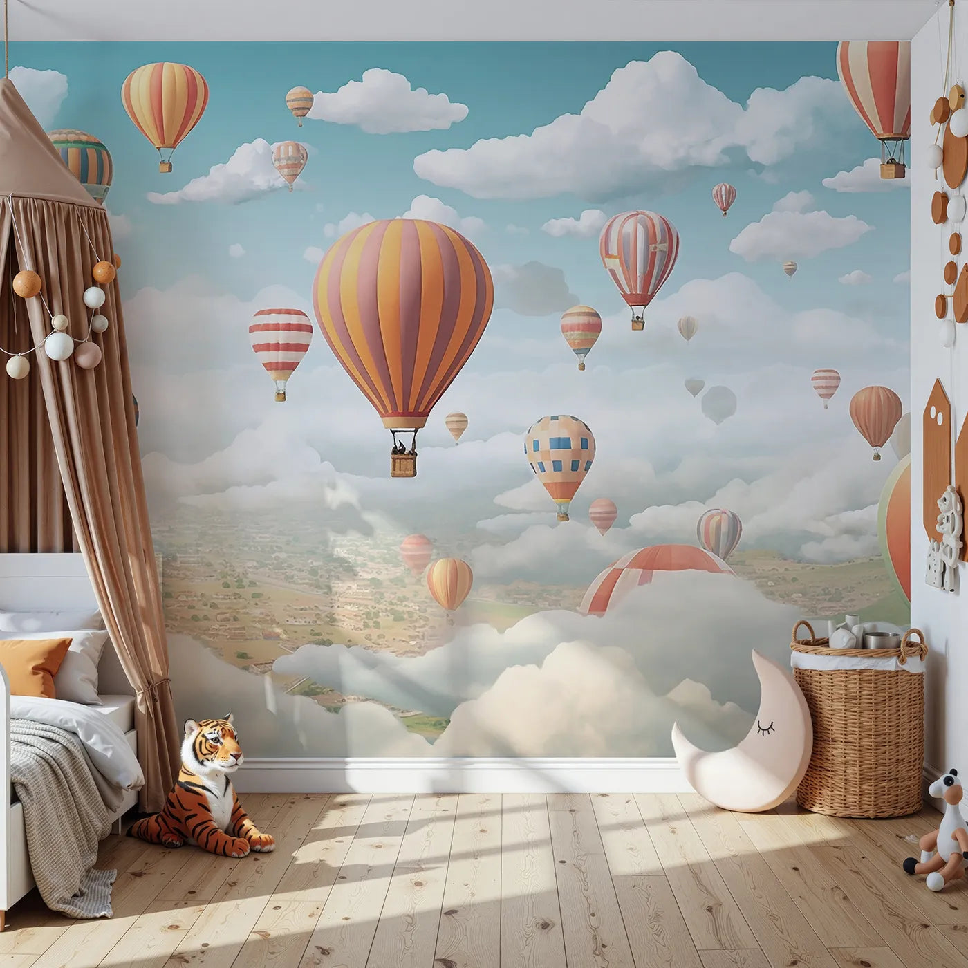 Front view of Whimsy Tots' Hot Air Balloon Rally Wall Mural