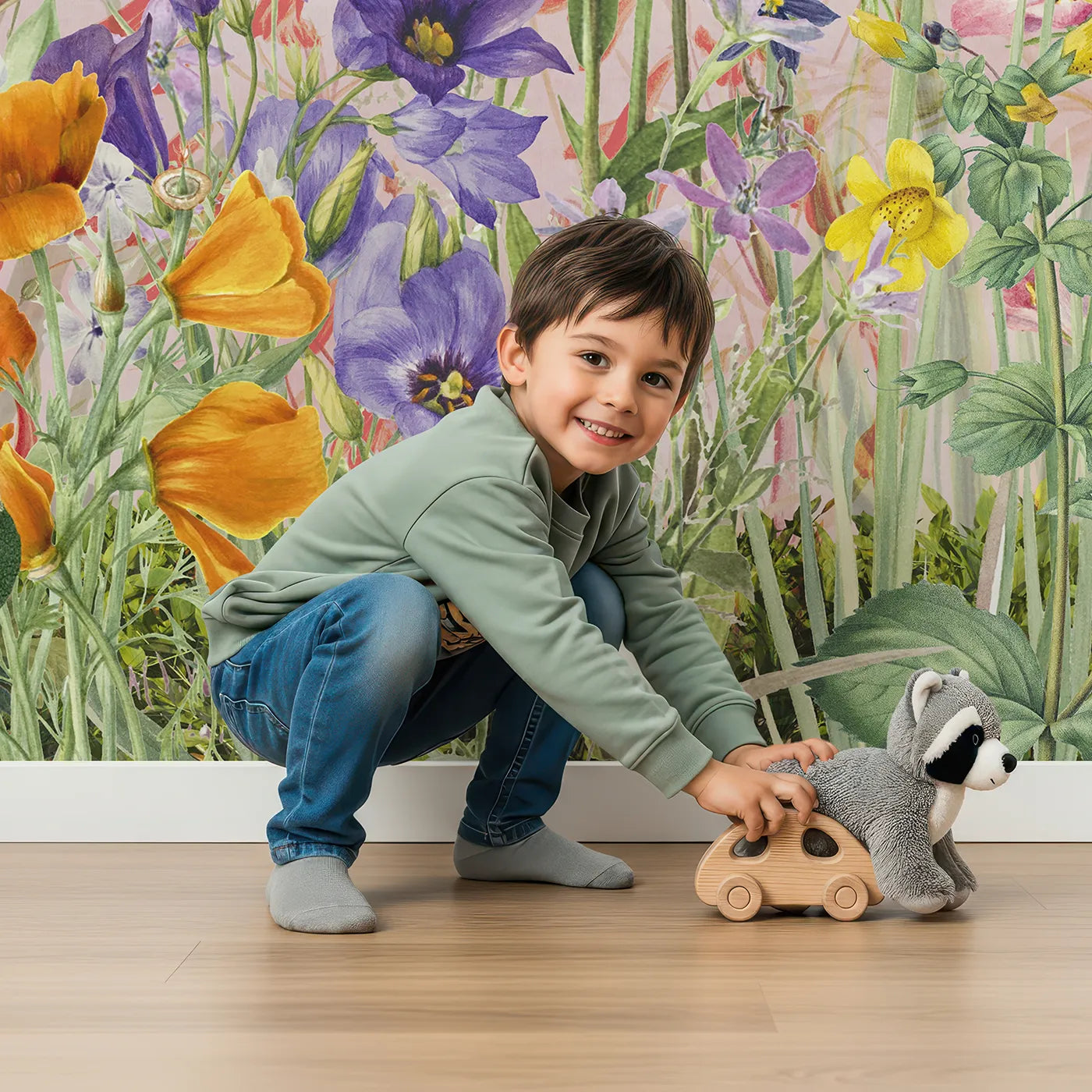 Child in front of Whimsy Tots Vintage Wildflower Meadow Wall Mural with flower, meadow, wildflower, vintage, painterly, colorful, field, romantic in design.