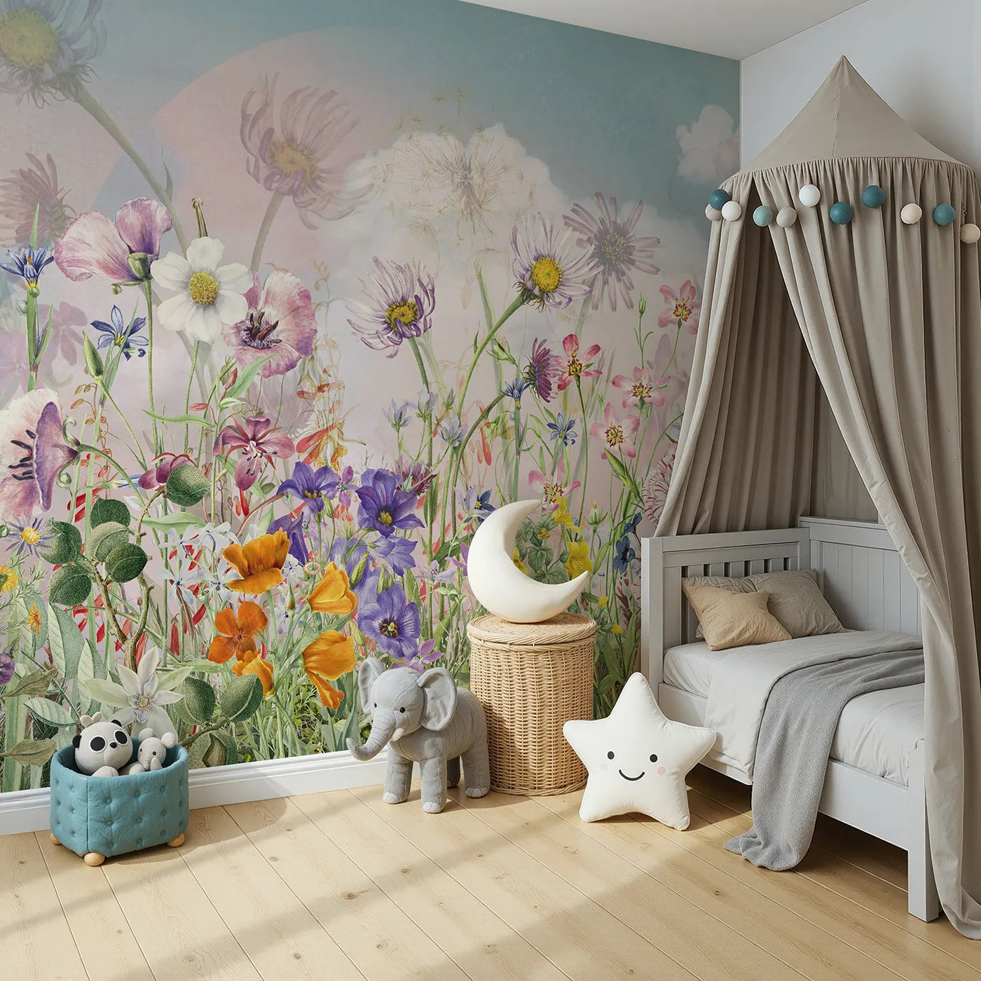 Angled view of Whimsy Tots' Vintage Wildflower Meadow Wall Mural (Turn Their Room into a Field of Timeless, Painted Flowers).Gender-Neutral