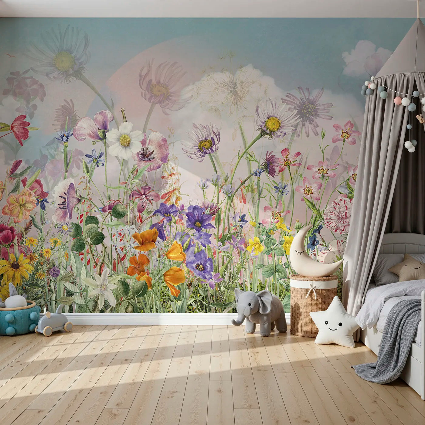 Front view of Whimsy Tots' Vintage Wildflower Meadow Wall Mural