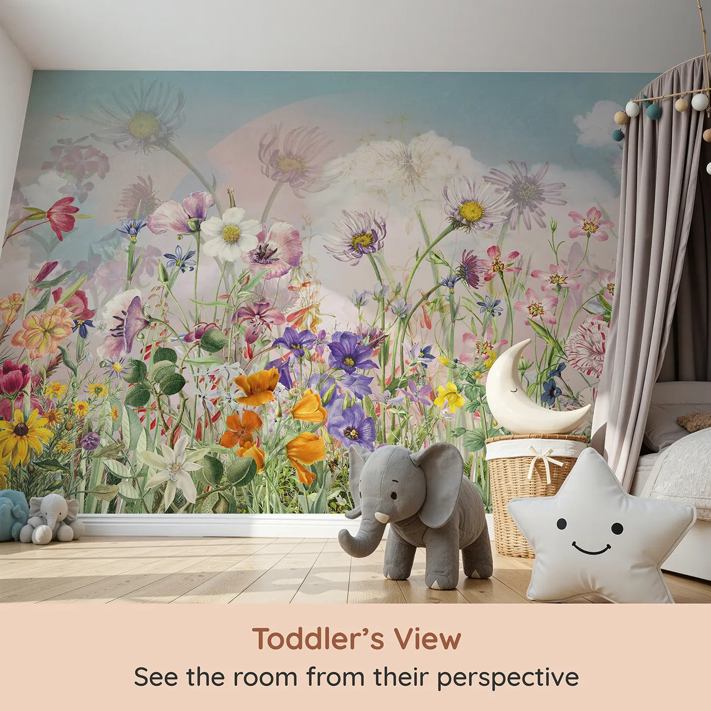 Whimsy Tots Vintage Wildflower Meadow Wall Mural (Turn Their Room into a Field of Timeless, Painted Flowers) from your child's view.Gender-Neutral