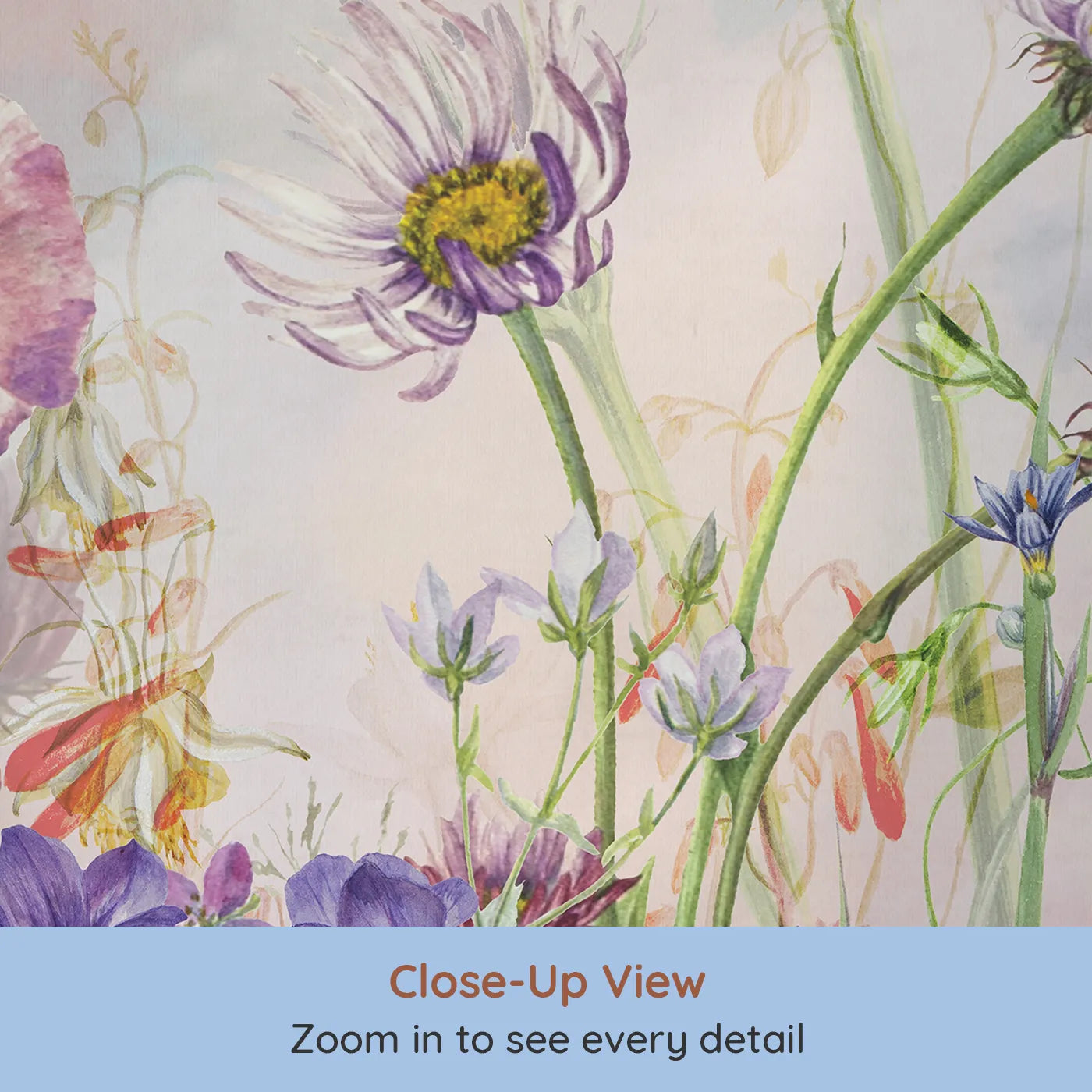 Close-up view of Whimsy Tots' Vintage Wildflower Meadow Wall Mural (Turn Their Room into a Field of Timeless, Painted Flowers).Gender-Neutral