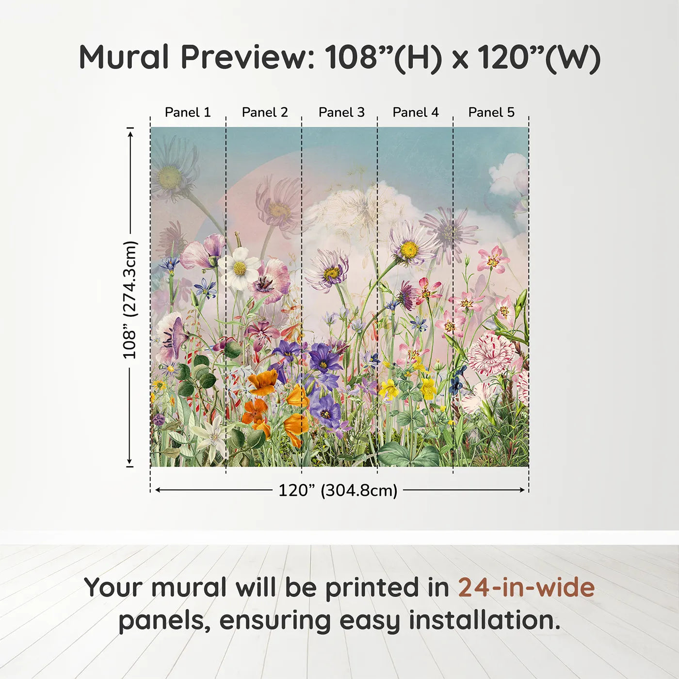 Whimsy Tots Vintage Wildflower Meadow Wall Muraldimension view (108" H x 120" W). Printed in five 24-inch-wide panels. Gender-Neutral