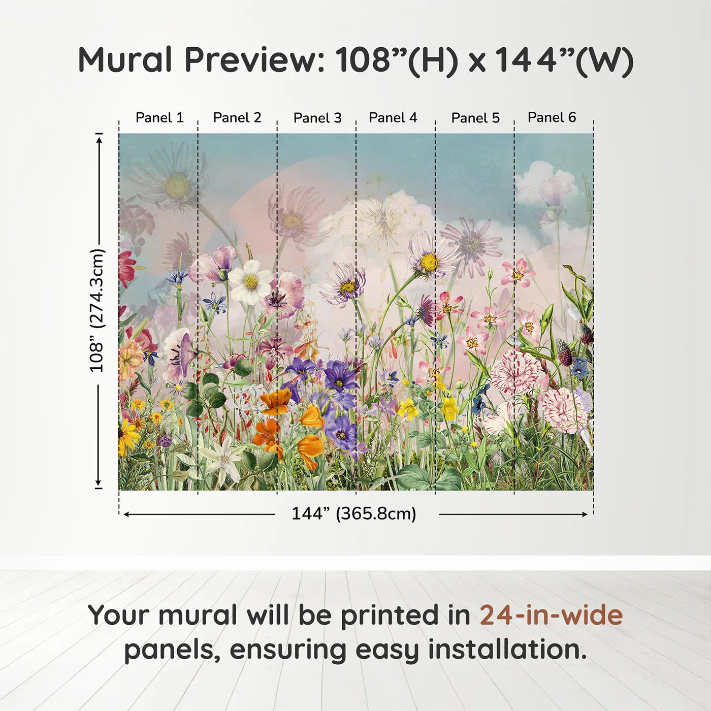 Whimsy Tots Vintage Wildflower Meadow Wall Muraldimension view (108" H x 144" W). Printed in six 24-inch-wide panels. Gender-Neutral