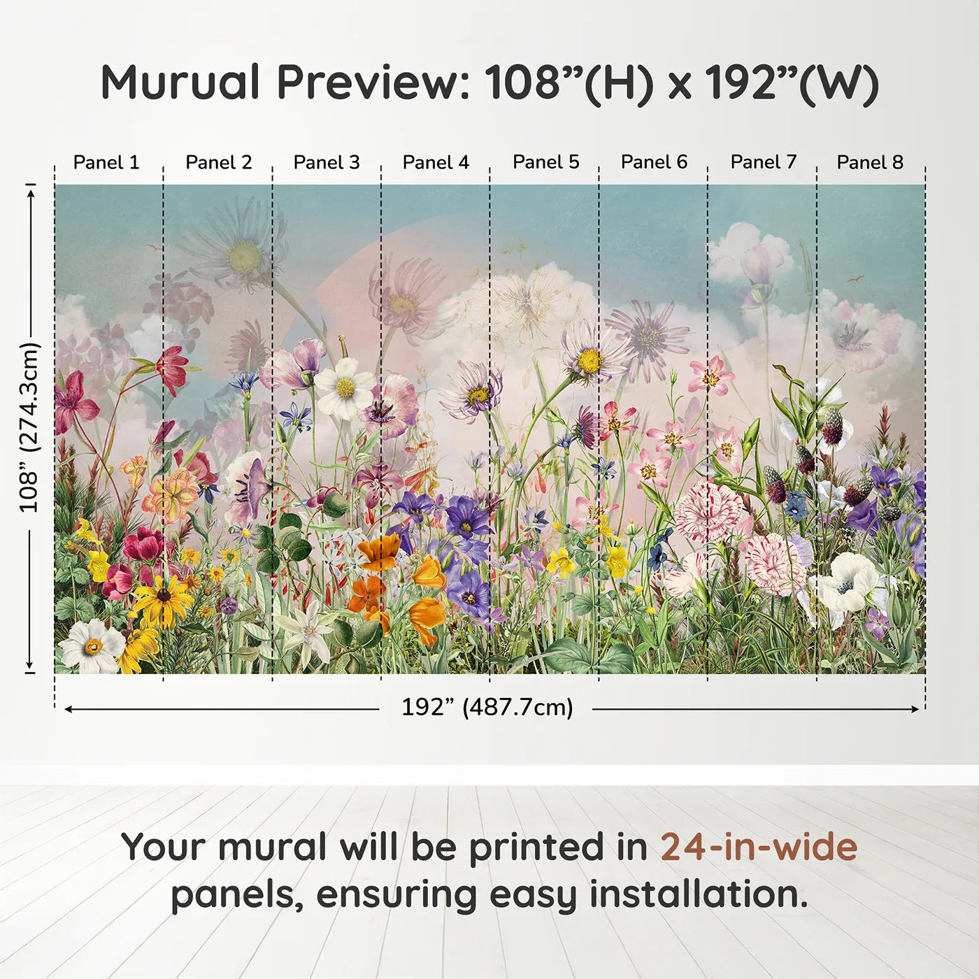 Whimsy Tots Vintage Wildflower Meadow Wall Muraldimension view (108" H x 192" W). Printed in eight 24-inch-wide panels. Gender-Neutral