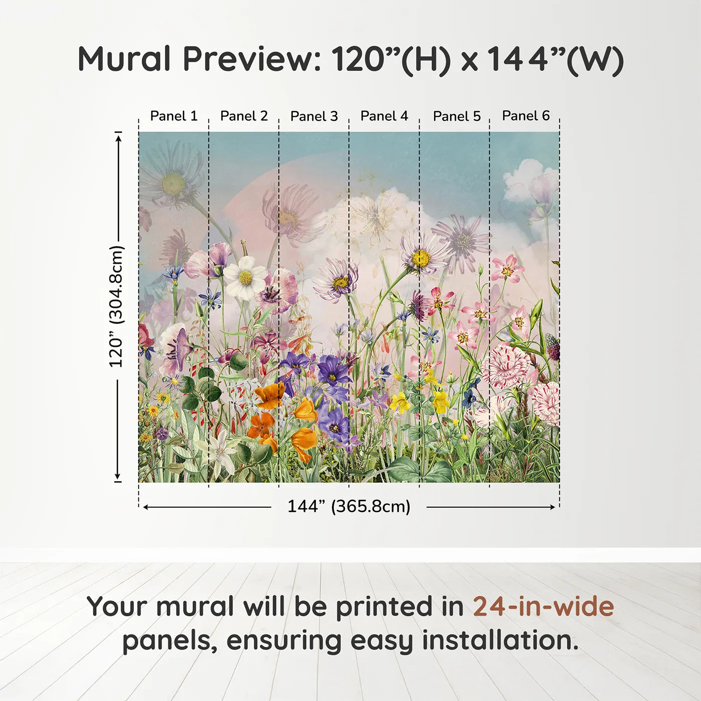 Whimsy Tots Vintage Wildflower Meadow Wall Muraldimension view (120" H x 144" W). Printed in six 24-inch-wide panels. Gender-Neutral