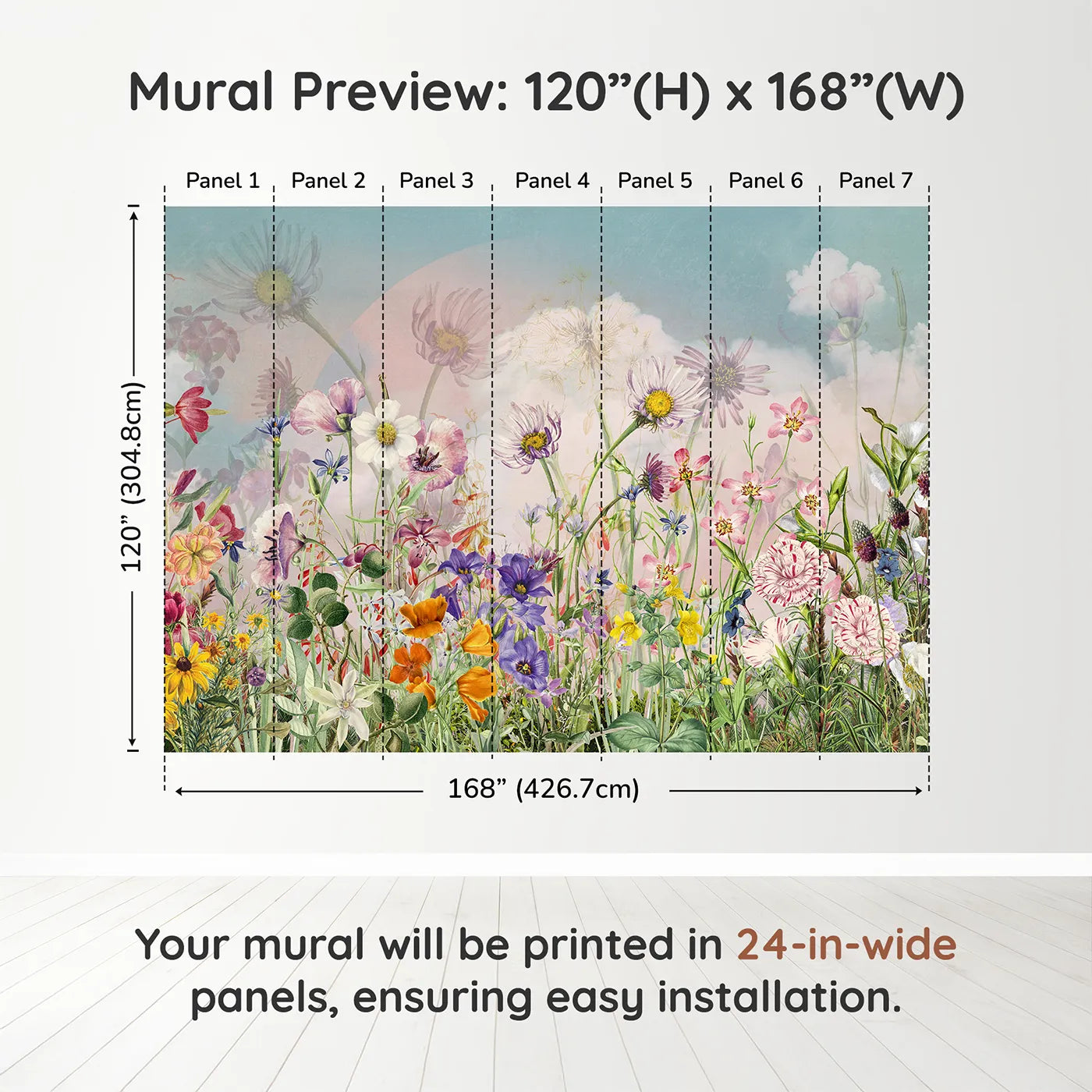 Whimsy Tots Vintage Wildflower Meadow Wall Muraldimension view (120" H x 168" W). Printed in seven 24-inch-wide panels. Gender-Neutral