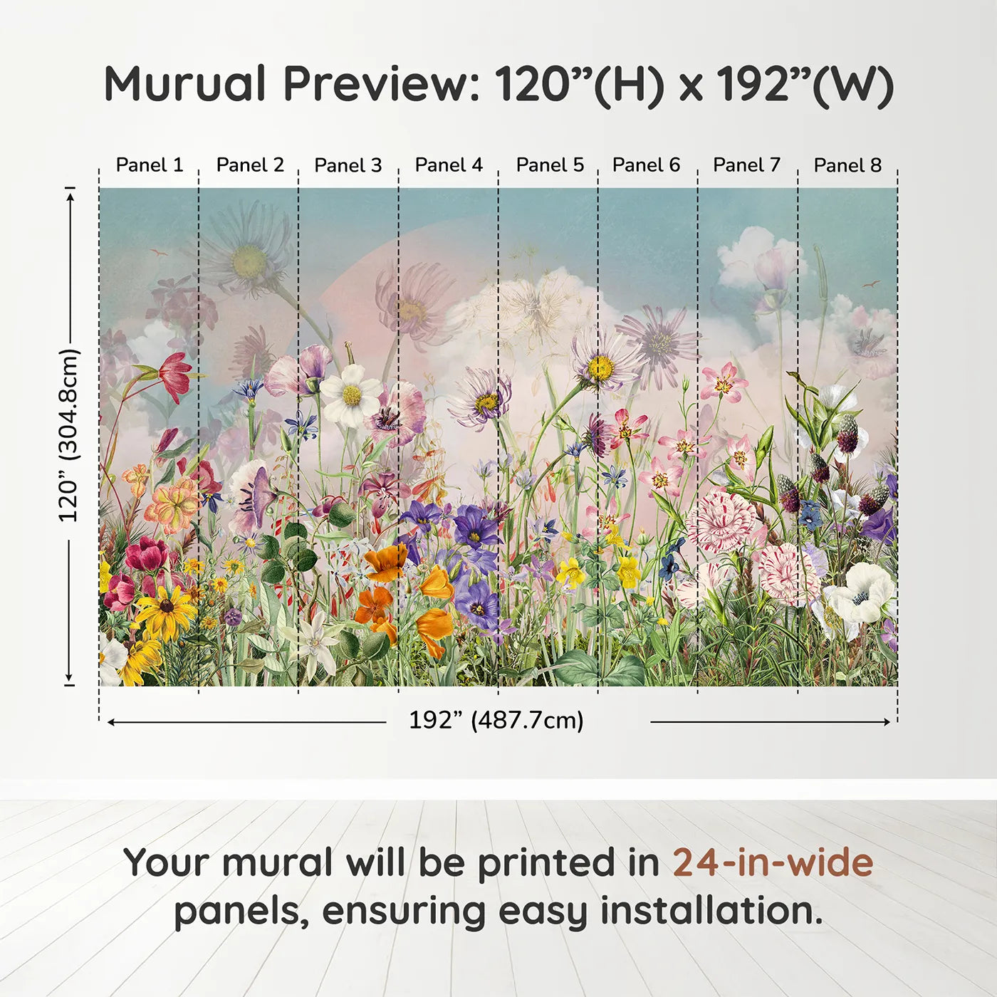 Whimsy Tots Vintage Wildflower Meadow Wall Muraldimension view (120" H x 192" W). Printed in eight 24-inch-wide panels. Gender-Neutral