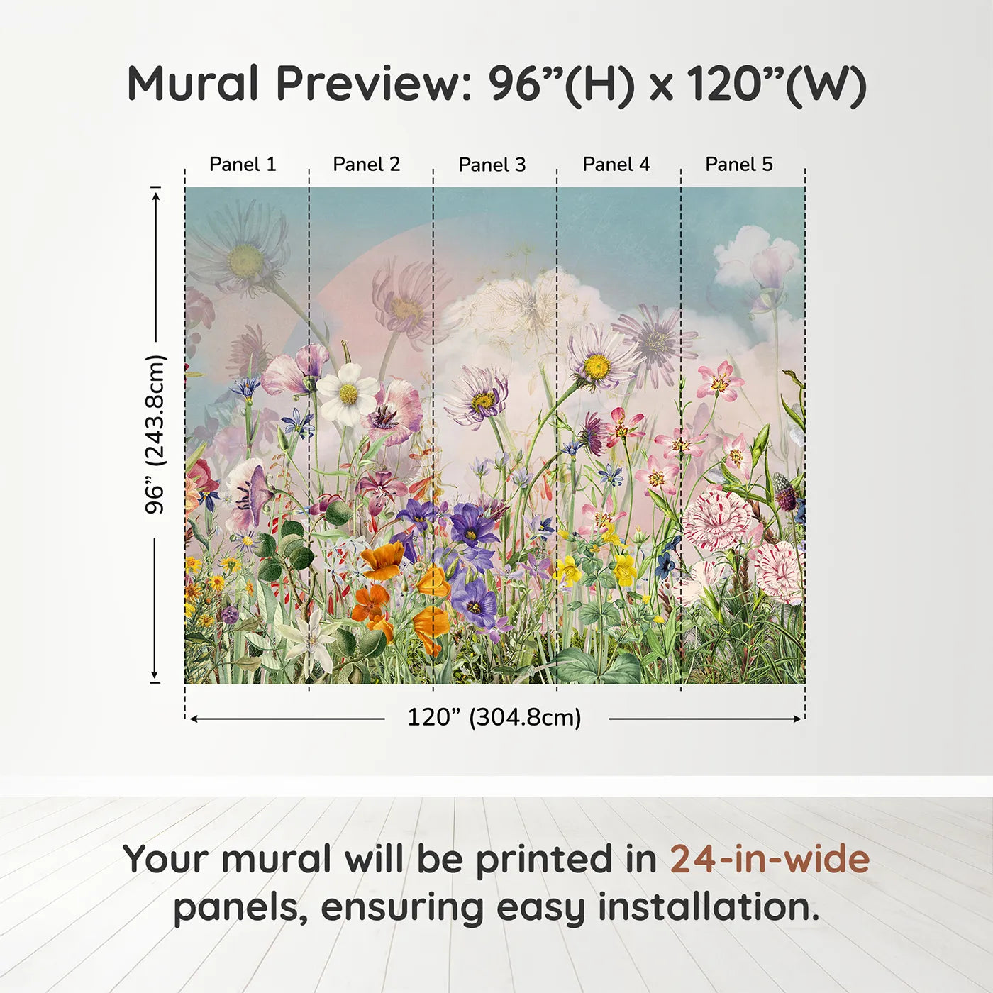 Whimsy Tots Vintage Wildflower Meadow Wall Muraldimension view (96" H x 120" W). Printed in five 24-inch-wide panels. Gender-Neutral