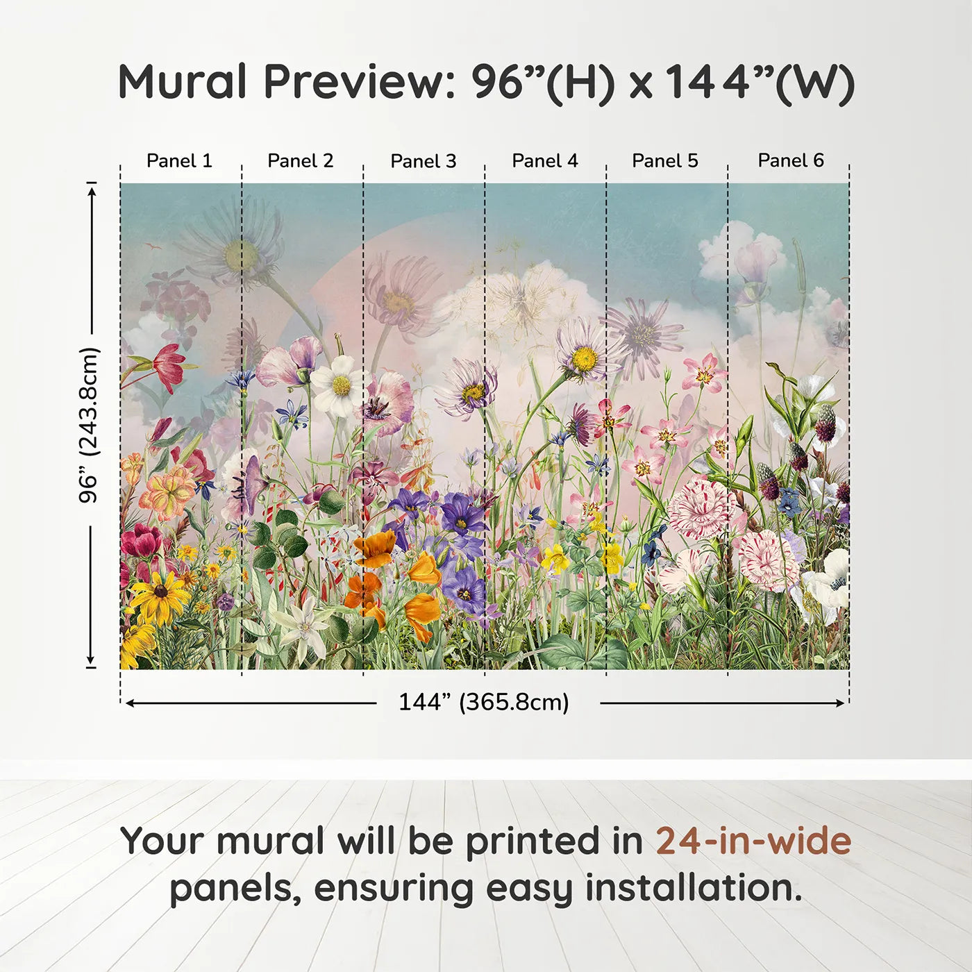 Whimsy Tots Vintage Wildflower Meadow Wall Muraldimension view (96" H x 144" W). Printed in six 24-inch-wide panels. Gender-Neutral