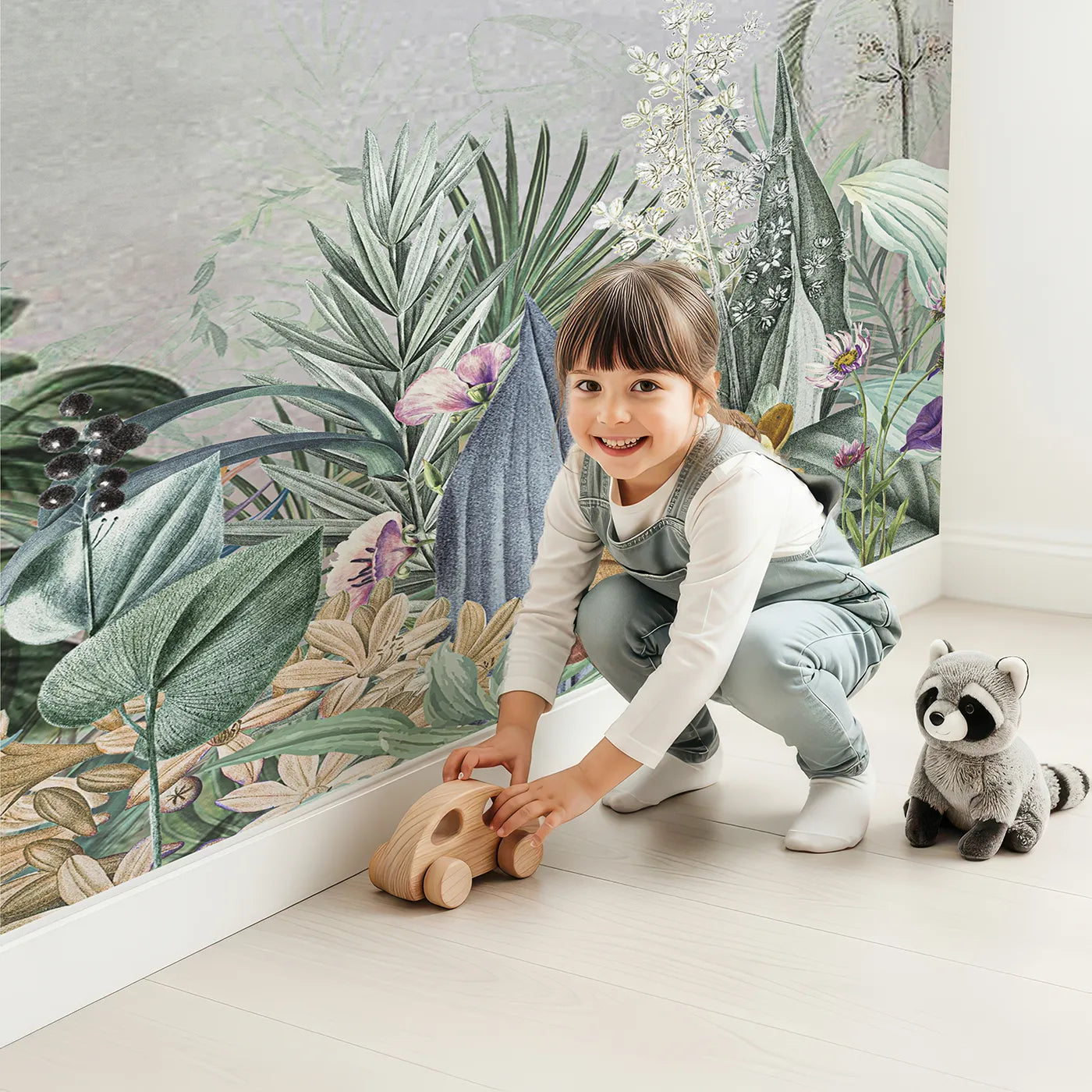 Child in front of Whimsy Tots Misty Jungle Garden Wall Mural with jungle, tropical, mist, flower, forest, realistic, colorful, plant in design.