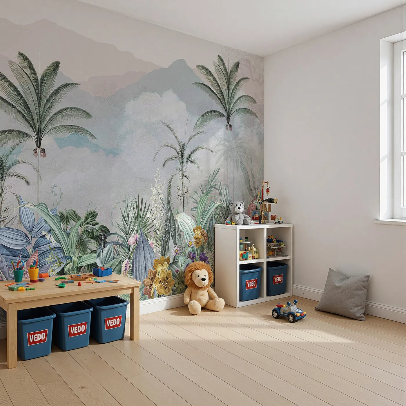 Angled view of Whimsy Tots' Misty Jungle Garden Wall Mural (Turn Their Room into a Lush, Ethereal Paradise).Gender-Neutral