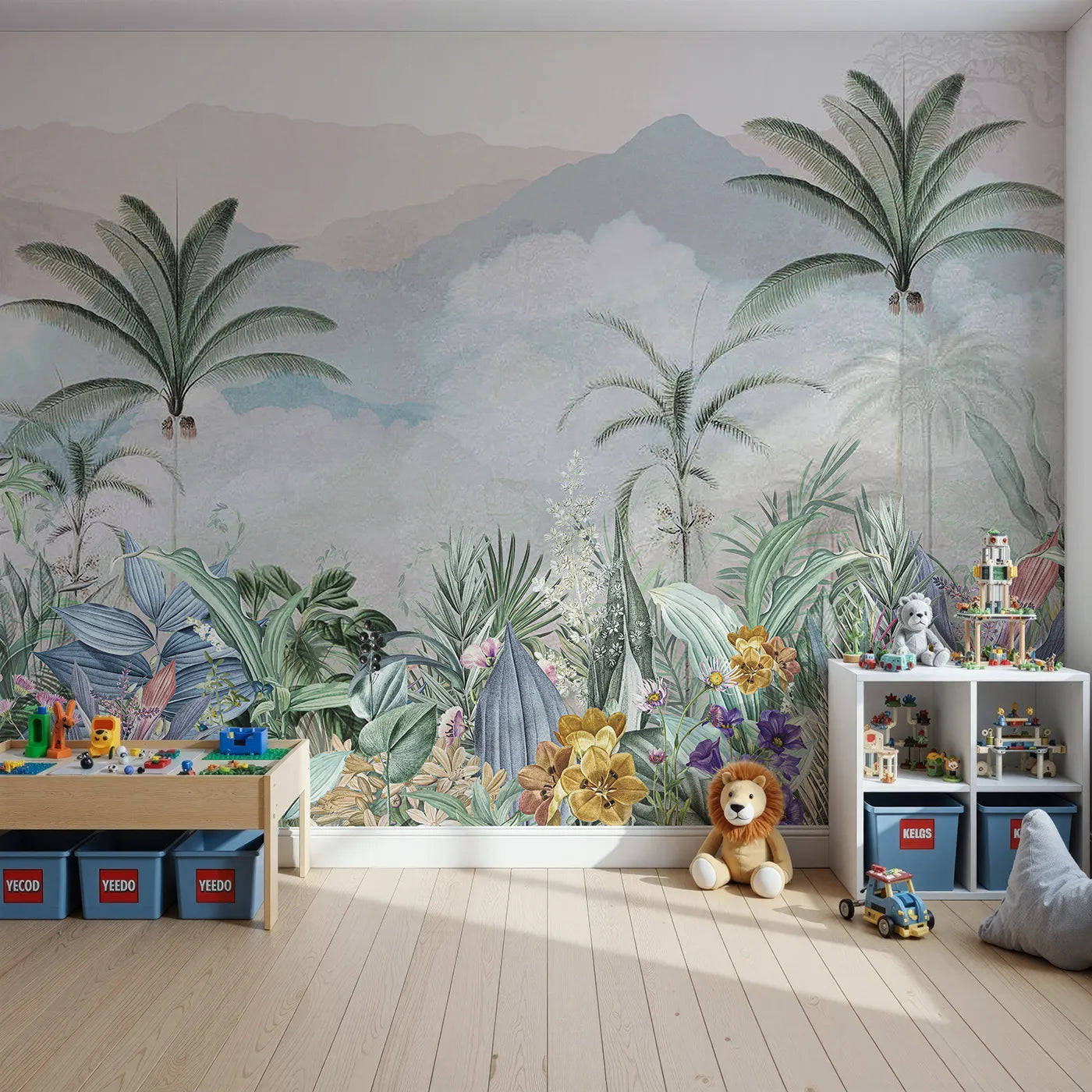 Front view of Whimsy Tots' Misty Jungle Garden Wall Mural