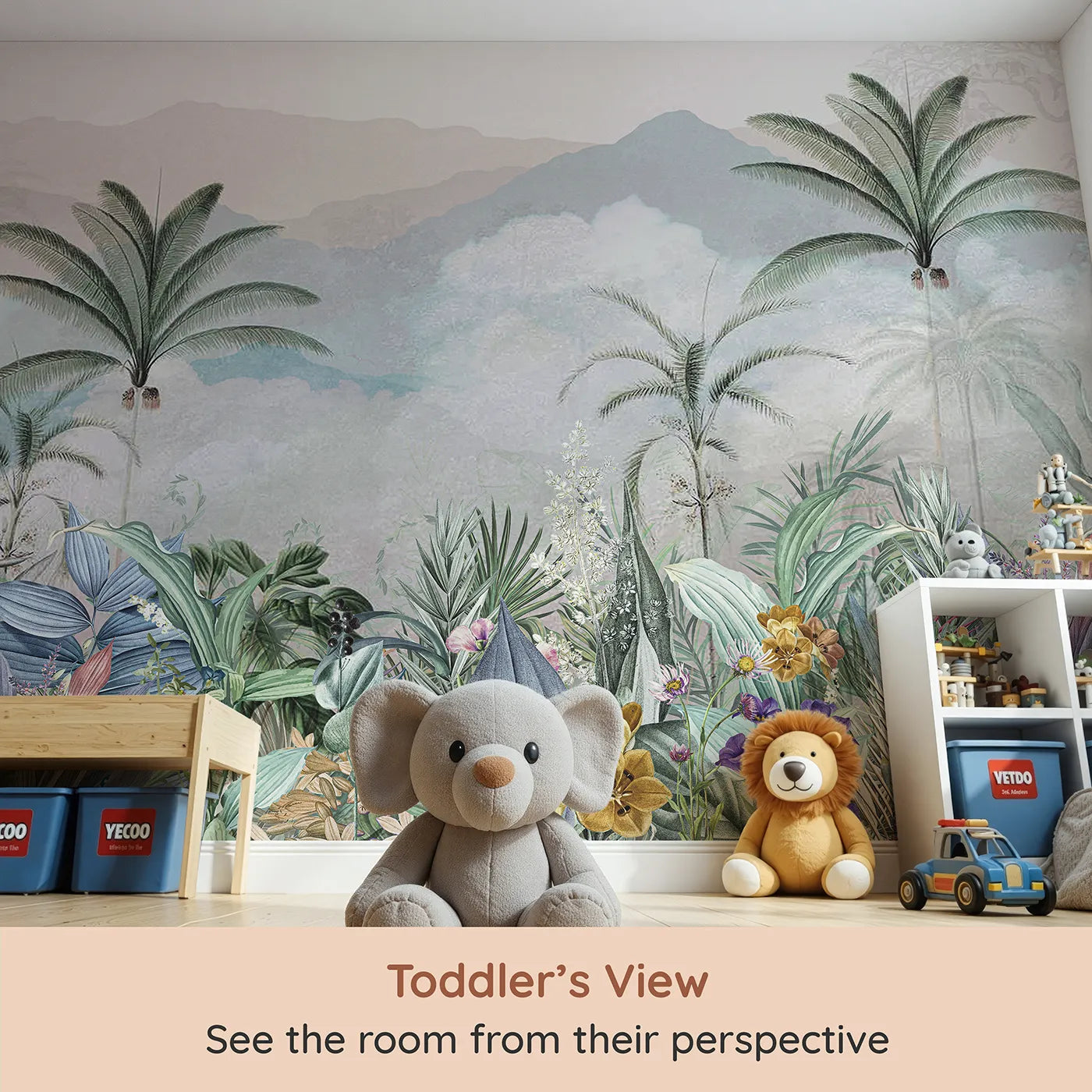 Whimsy Tots Misty Jungle Garden Wall Mural (Turn Their Room into a Lush, Ethereal Paradise) from your child's view.Gender-Neutral