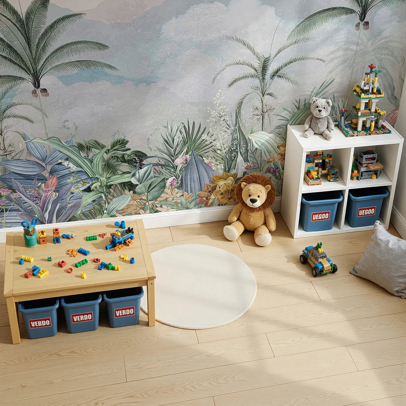 Top-down view of Whimsy Tots' Misty Jungle Garden Wall Mural (Turn Their Room into a Lush, Ethereal Paradise).Gender-Neutral