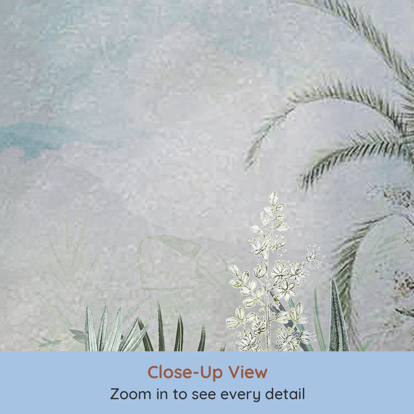 Close-up view of Whimsy Tots' Misty Jungle Garden Wall Mural (Turn Their Room into a Lush, Ethereal Paradise).Gender-Neutral