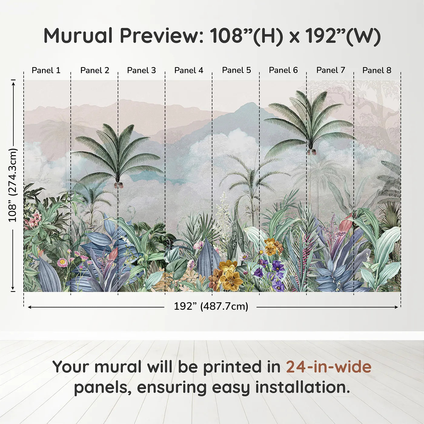 Whimsy Tots Misty Jungle Garden Wall Muraldimension view (108" H x 192" W). Printed in eight 24-inch-wide panels. Gender-Neutral