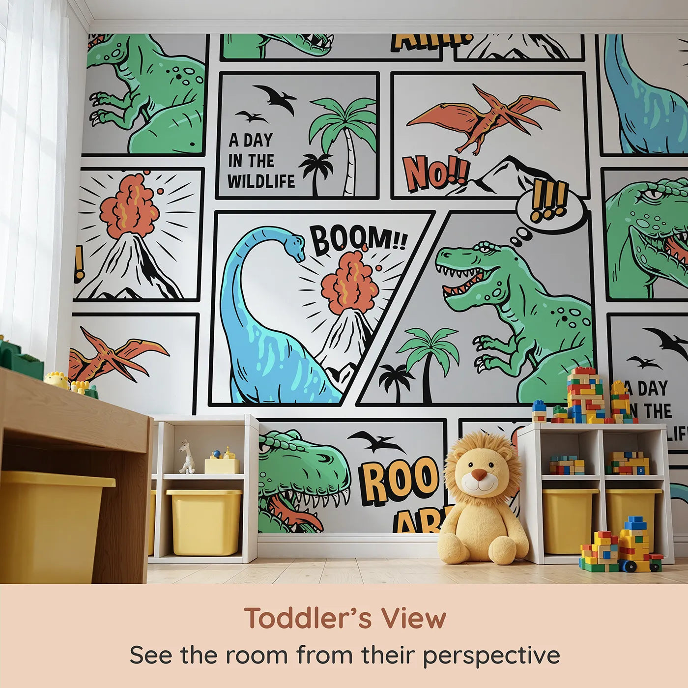 Whimsy Tots Dinosaur Comic Strip Wall Mural (Turn Their Room into a Roaring, Action-Packed Adventure) from your child's view.Best for Boys