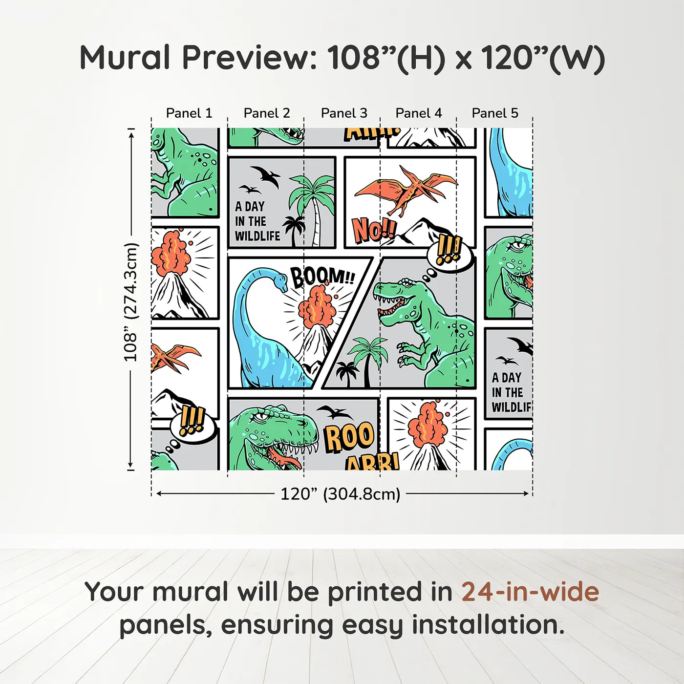 Whimsy Tots Dinosaur Comic Strip Wall Muraldimension view (108" H x 120" W). Printed in five 24-inch-wide panels. Best for Boys