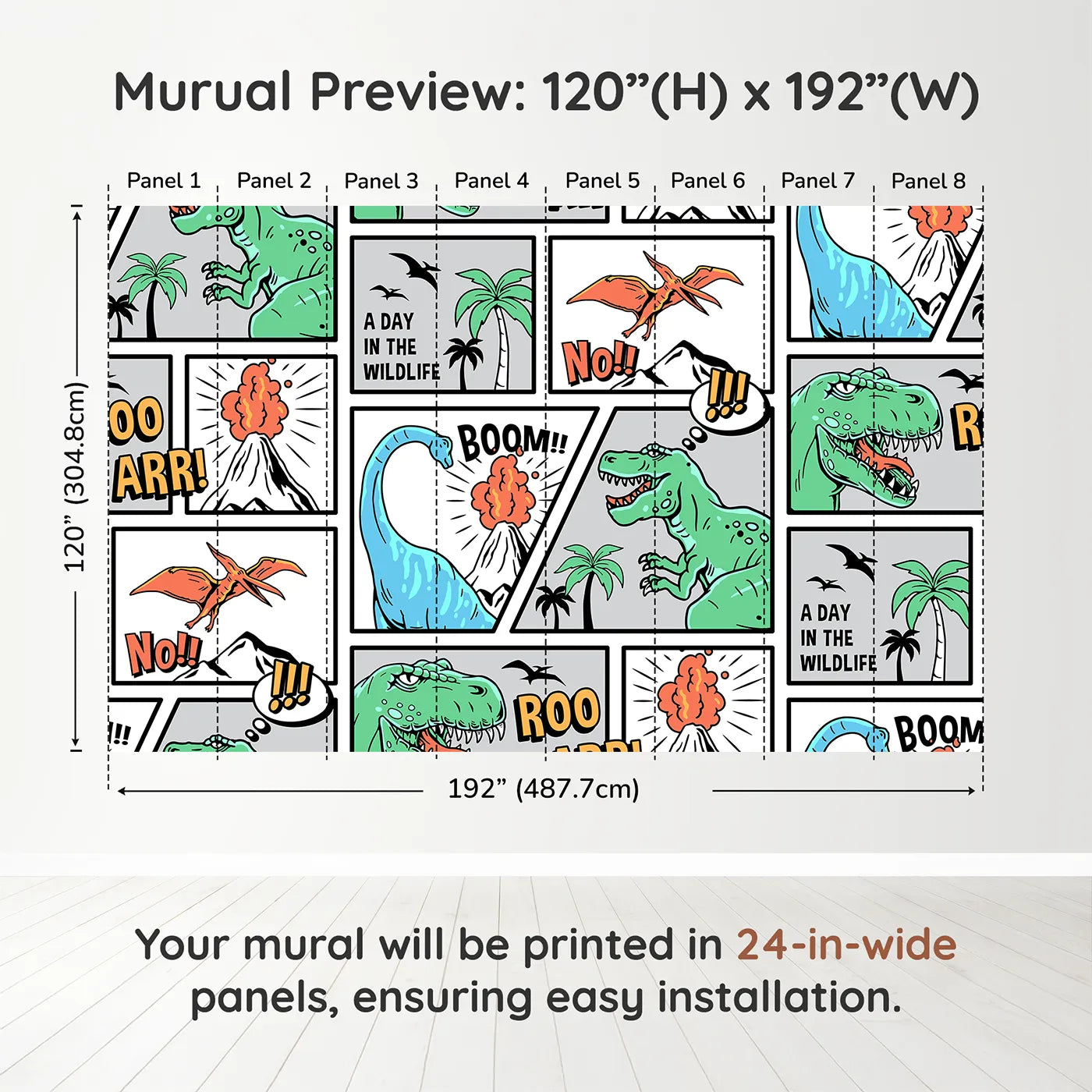 Whimsy Tots Dinosaur Comic Strip Wall Muraldimension view (120" H x 192" W). Printed in eight 24-inch-wide panels. Best for Boys