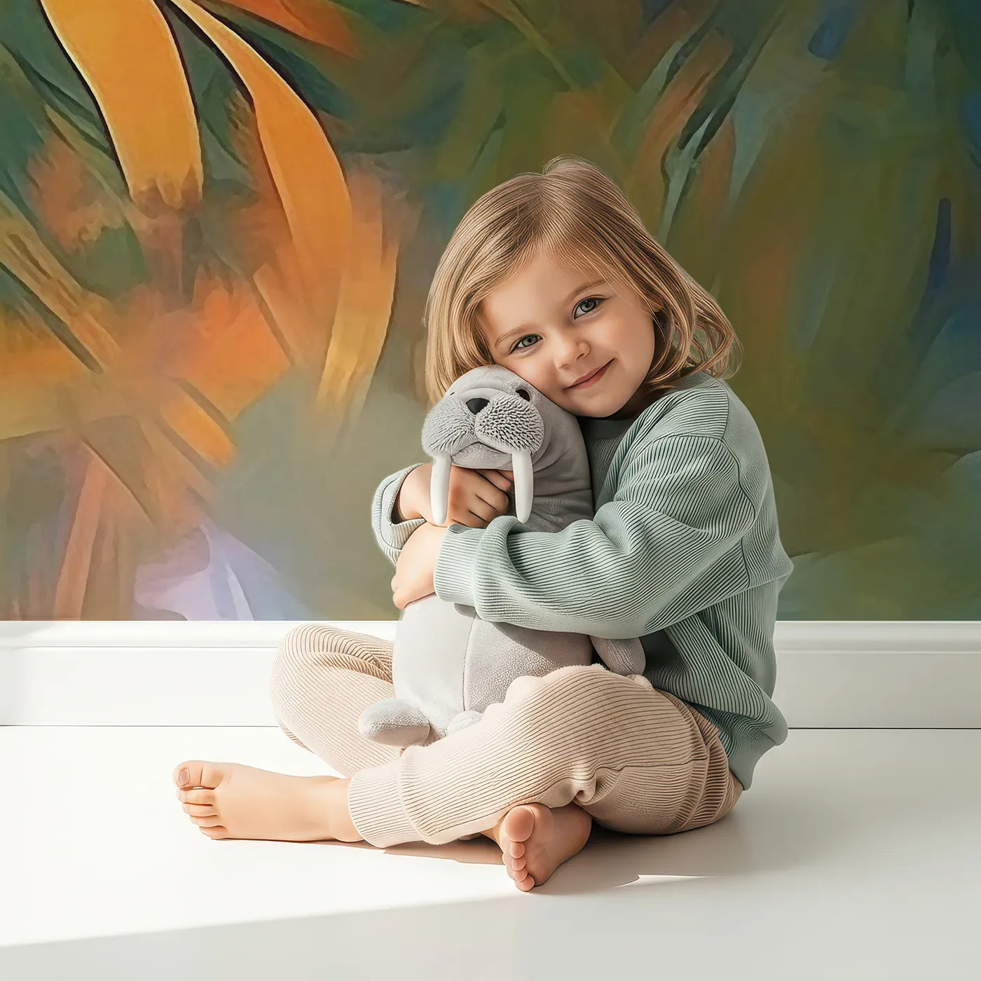 Child in front of Whimsy Tots Abstract Palm Painting Wall Mural with palm, abstract, painting, tropical, vibrant, colorful, yellow, green in design.