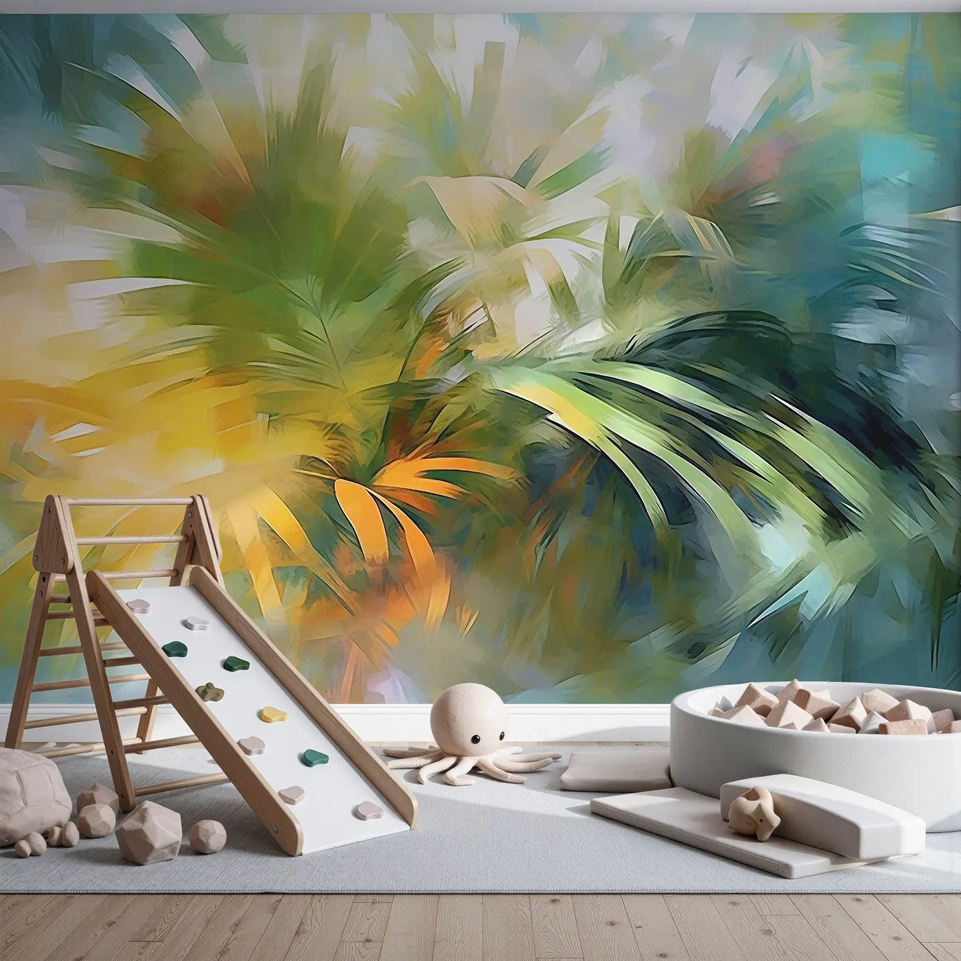 Front view of Whimsy Tots' Abstract Palm Painting Wall Mural