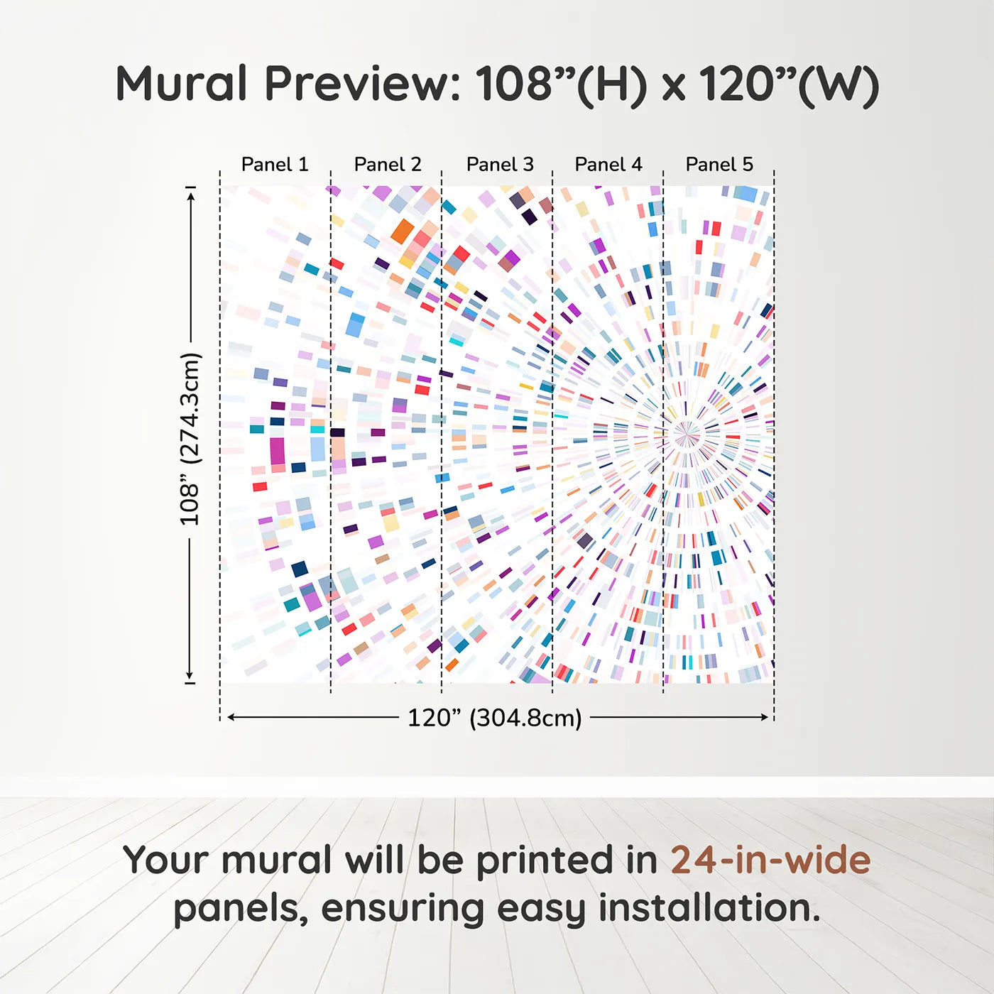 Whimsy Tots Data Stream Wall Muraldimension view (108" H x 120" W). Printed in five 24-inch-wide panels. Gender-Neutral