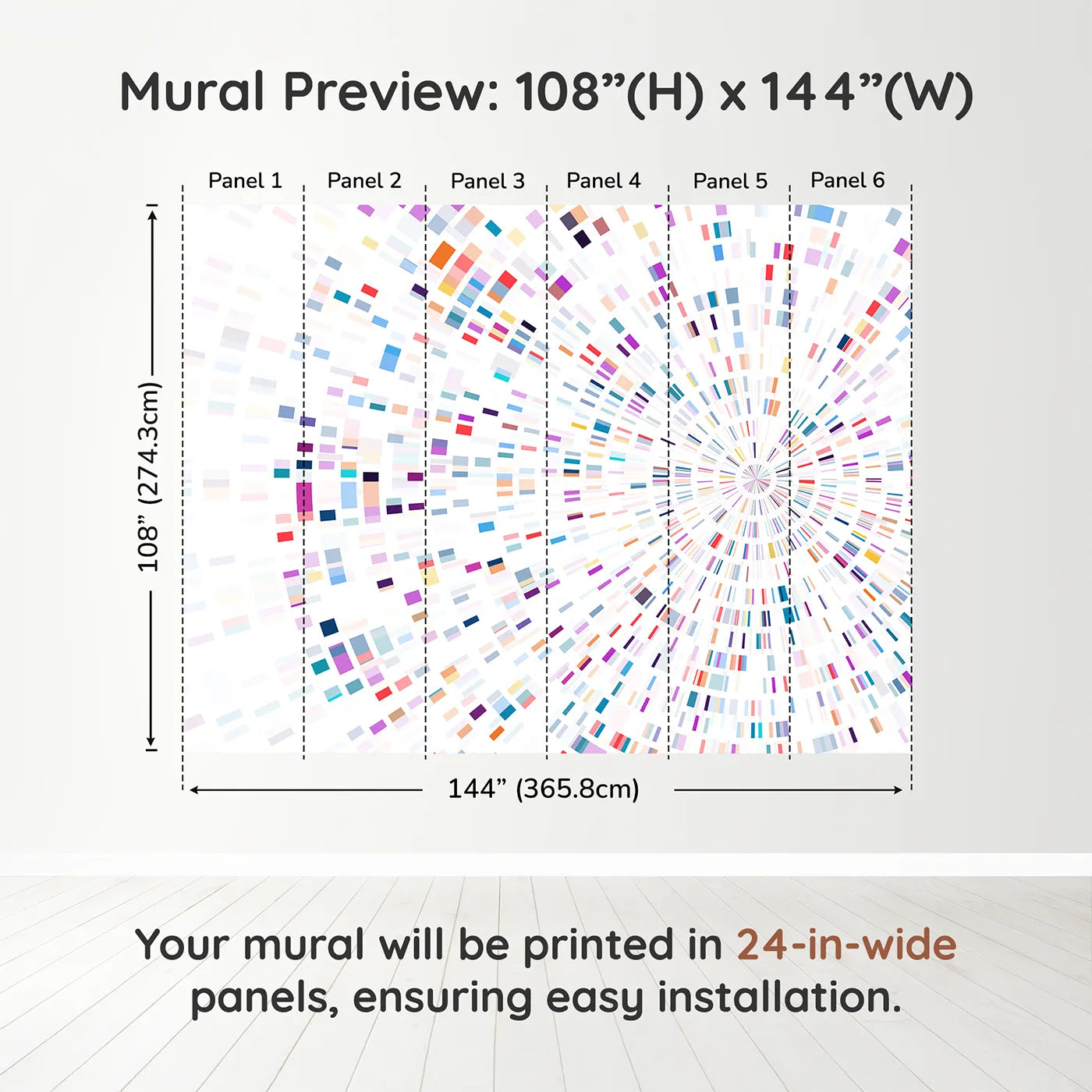 Whimsy Tots Data Stream Wall Muraldimension view (108" H x 144" W). Printed in six 24-inch-wide panels. Gender-Neutral