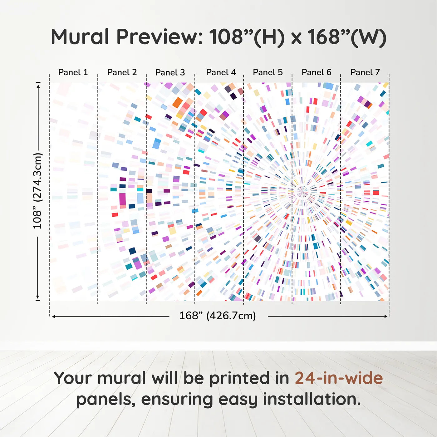 Whimsy Tots Data Stream Wall Muraldimension view (108" H x 168" W). Printed in seven 24-inch-wide panels. Gender-Neutral