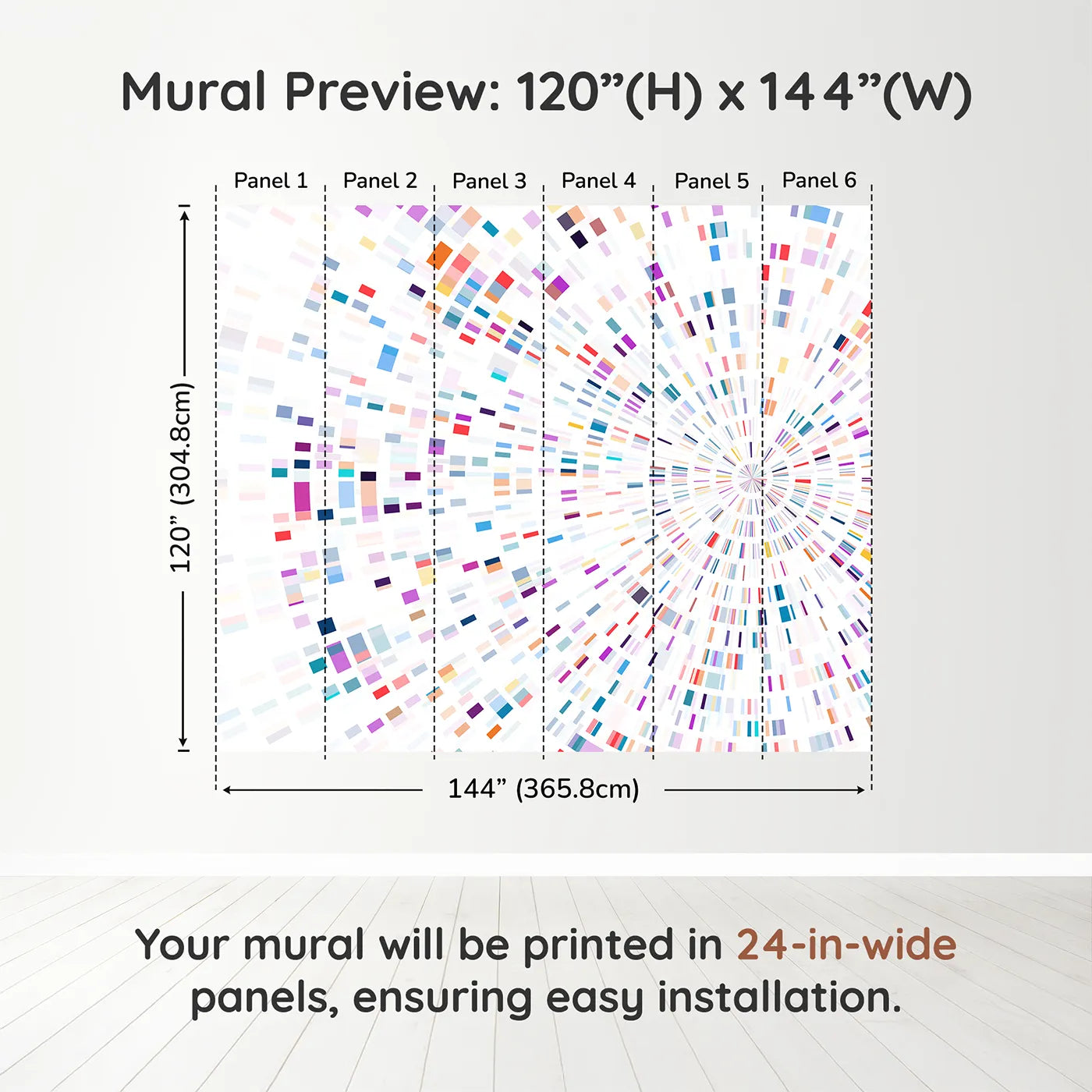 Whimsy Tots Data Stream Wall Muraldimension view (120" H x 144" W). Printed in six 24-inch-wide panels. Gender-Neutral