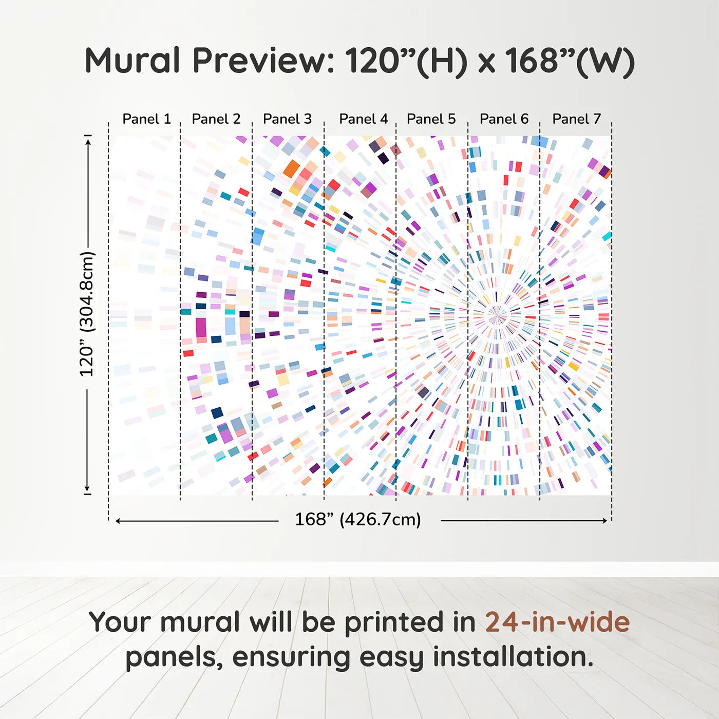 Whimsy Tots Data Stream Wall Muraldimension view (120" H x 168" W). Printed in seven 24-inch-wide panels. Gender-Neutral