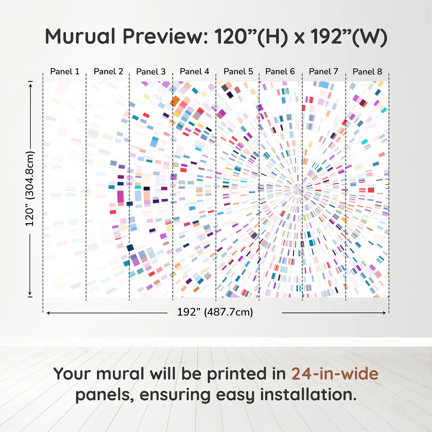 Whimsy Tots Data Stream Wall Muraldimension view (120" H x 192" W). Printed in eight 24-inch-wide panels. Gender-Neutral