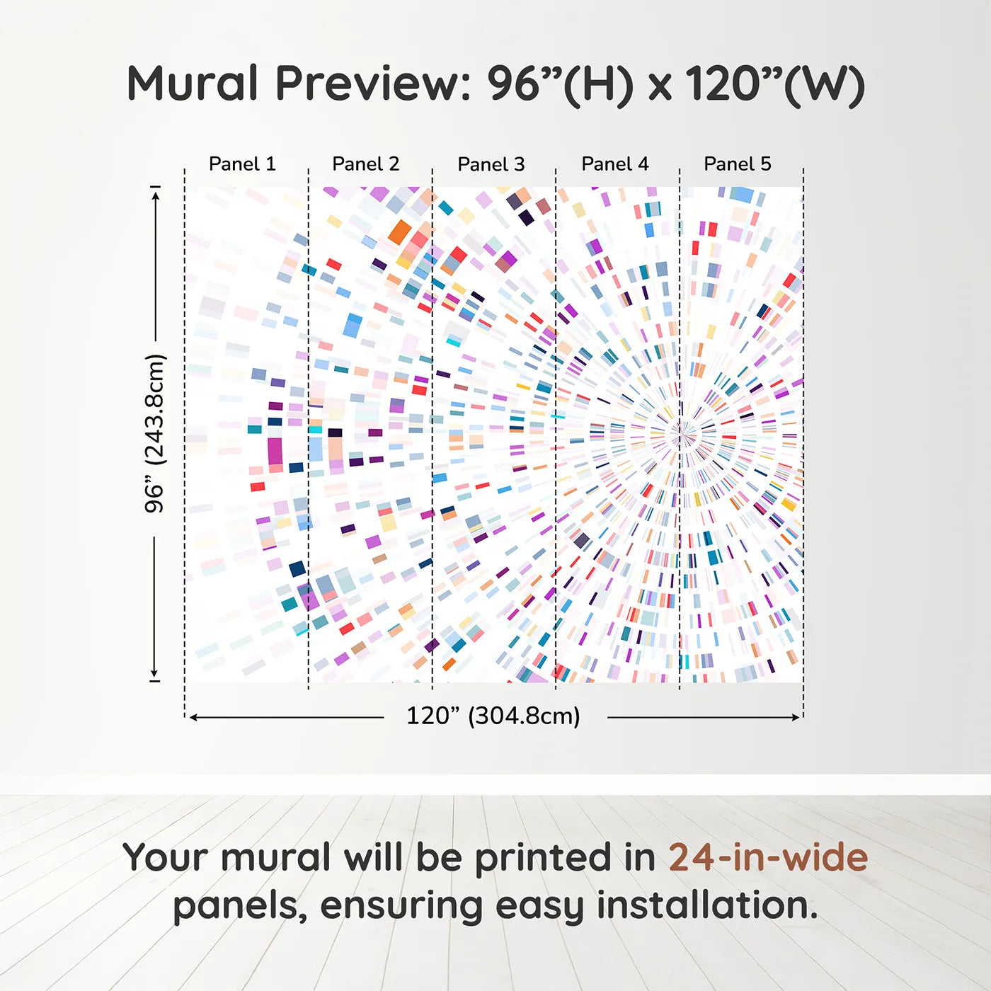 Whimsy Tots Data Stream Wall Muraldimension view (96" H x 120" W). Printed in five 24-inch-wide panels. Gender-Neutral