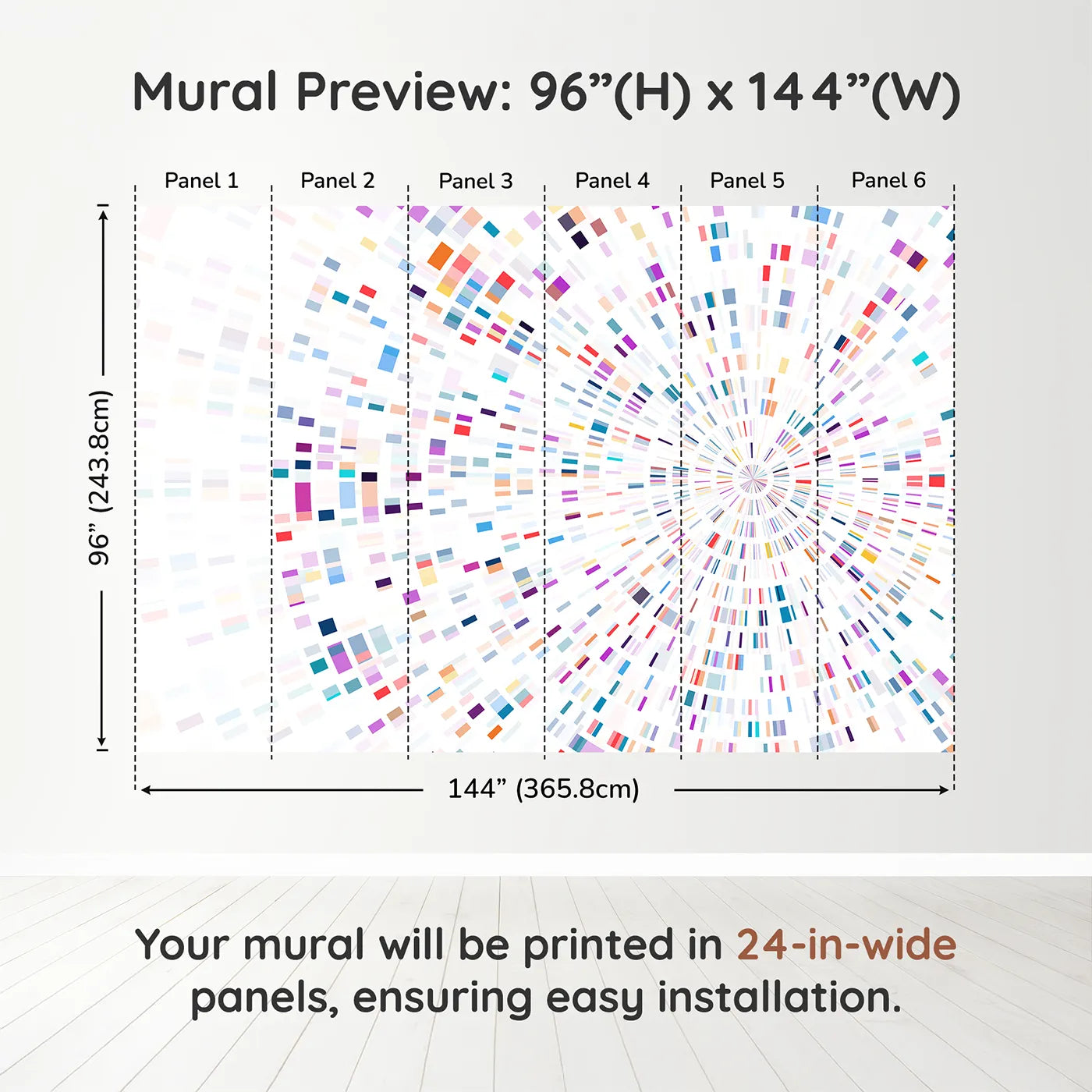 Whimsy Tots Data Stream Wall Muraldimension view (96" H x 144" W). Printed in six 24-inch-wide panels. Gender-Neutral