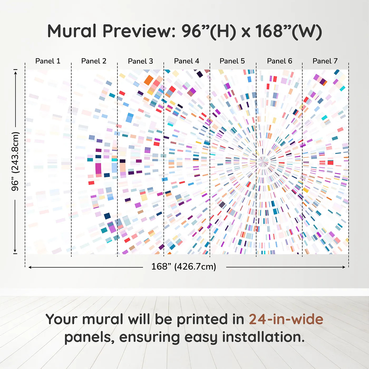Whimsy Tots Data Stream Wall Muraldimension view (96" H x 168" W). Printed in seven 24-inch-wide panels. Gender-Neutral
