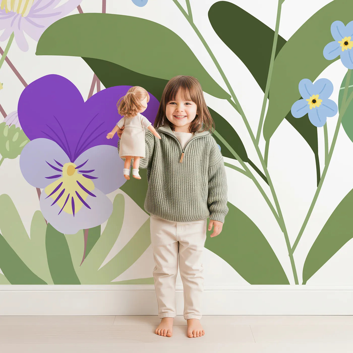 Child in front of Whimsy Tots Simple Wildflower Border Wall Mural with flower, wildflower, colorful, minimalist, modern, garden, border, simple in design.