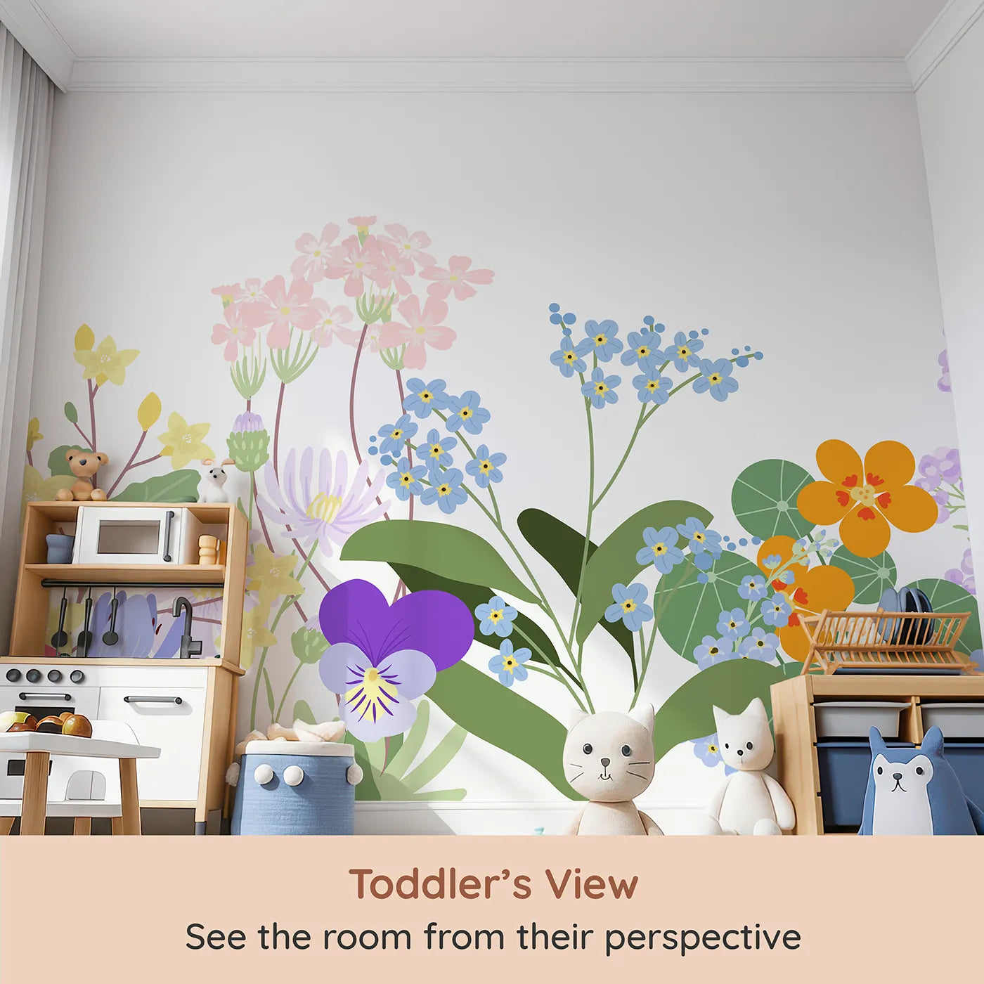 Whimsy Tots Simple Wildflower Border Wall Mural (Turn Their Room into a Meadow of Delicate, Colorful Blooms) from your child's view.Gender-Neutral